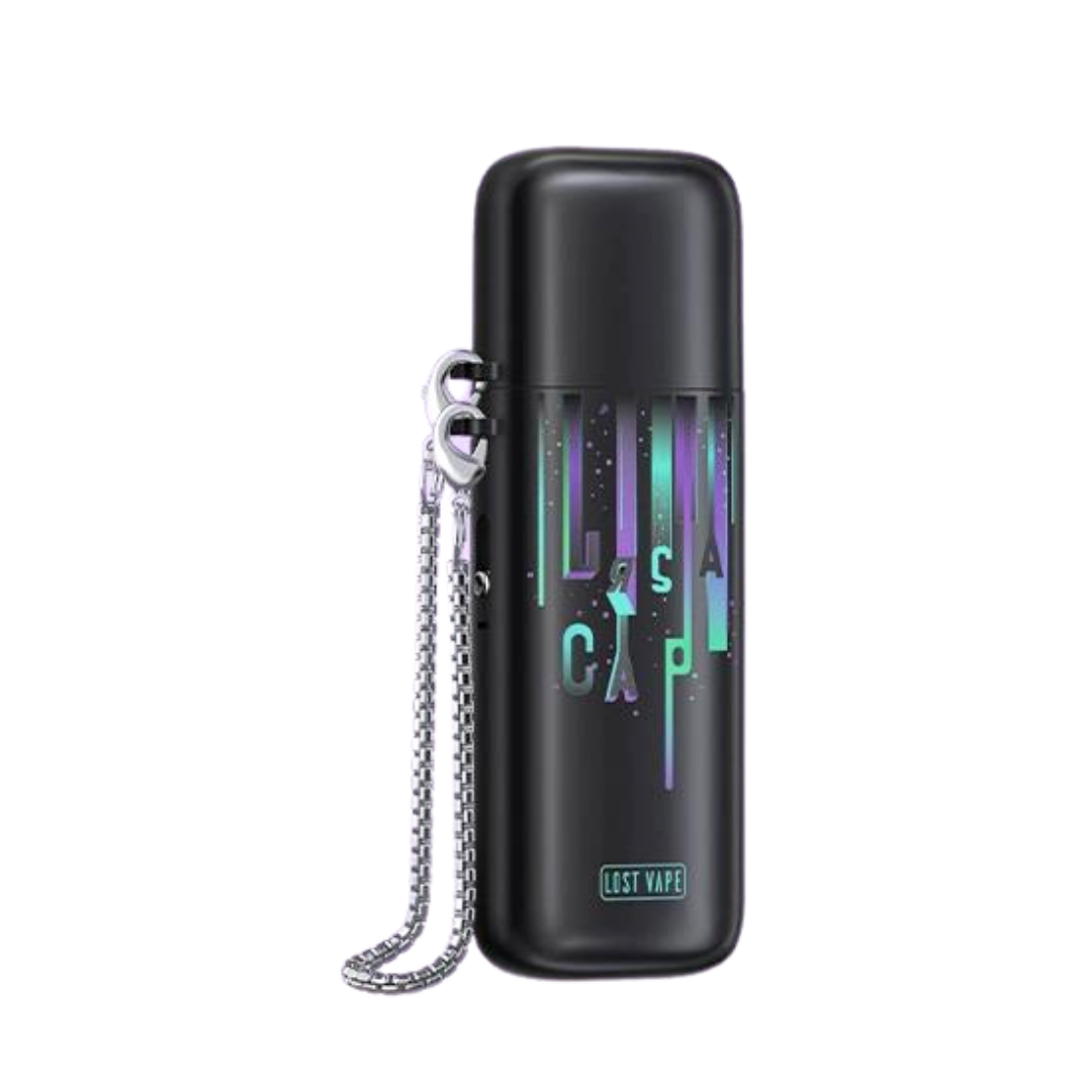 Image of Lost Vape Ursa Cap Pod Kit in Solo Charm (patterned black and purple), with a chain connected for simple carry-on accessory. 