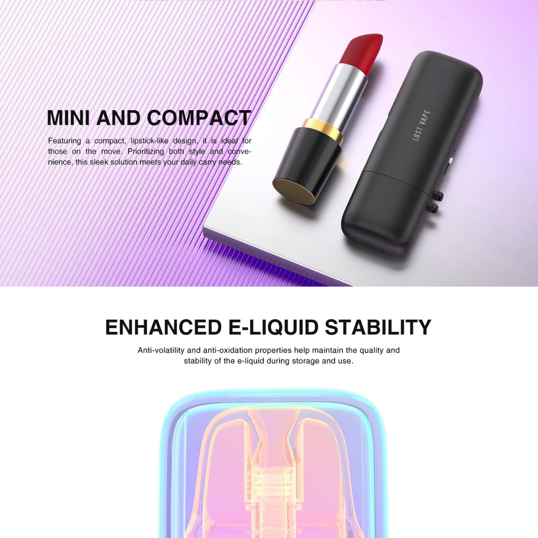 Image Of The Lost Vape Ursa Cap Pod Kit, A Mini And Compact Lipstick Like Design Case With Improved E-Liquid Stability.