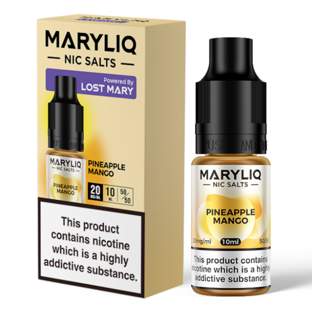 MaryLiq 10ml E-Liquid Nic Salts Pineapple Mango - A juicy blend of pineapple and mango in a 5050 vg/pg ratio, ideal for starter and mtl vape kits