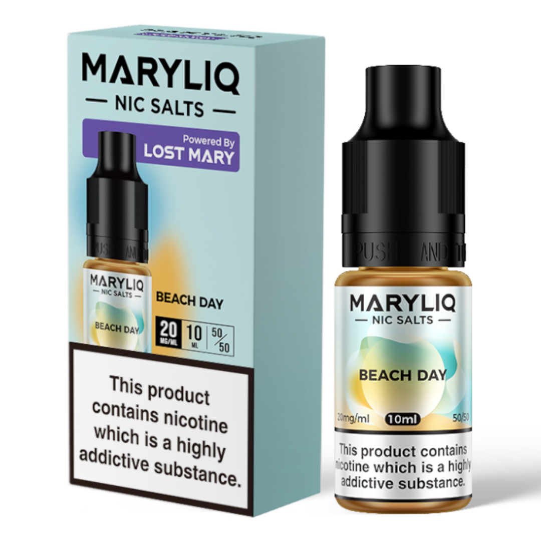 A 10ml bottle of MaryLiq E-Liquid Nic Salts Beach Day, featuring a mix of blackcurrant, orange, and menthol.