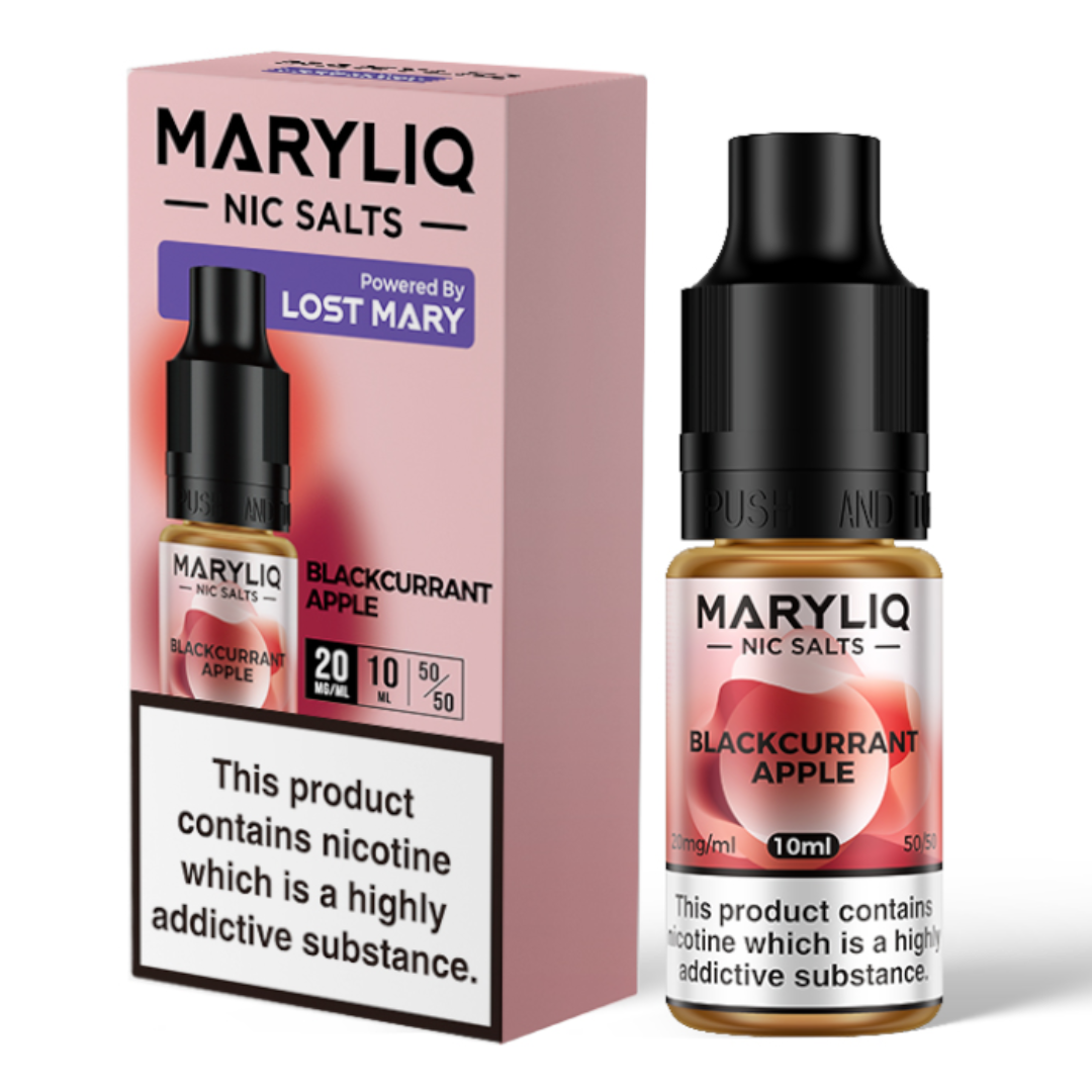 A 10ml bottle of MaryLiq E-Liquid Nic Salts blackcurrant apple, perfect blend of tart blackcurrant and crisp apple flavours