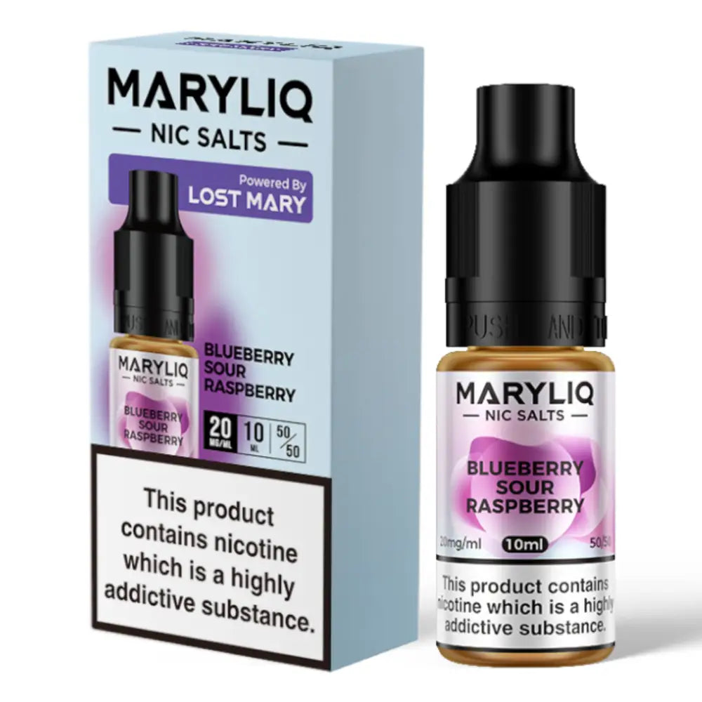 A 10ml bottle of MaryLiq E-Liquid Nic Salts Blueberry Sour Raspberry perfect blend of sweet blueberries and tart raspberry flavours