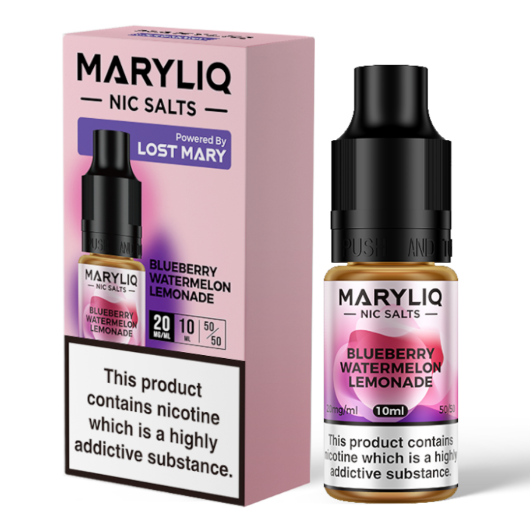 A 10ml bottle of MaryLiq E-Liquid Nic Salts Blueberry Watermelon Lemonade - 5050 vg/pg ratio, suitable for starter and mtl vape kits