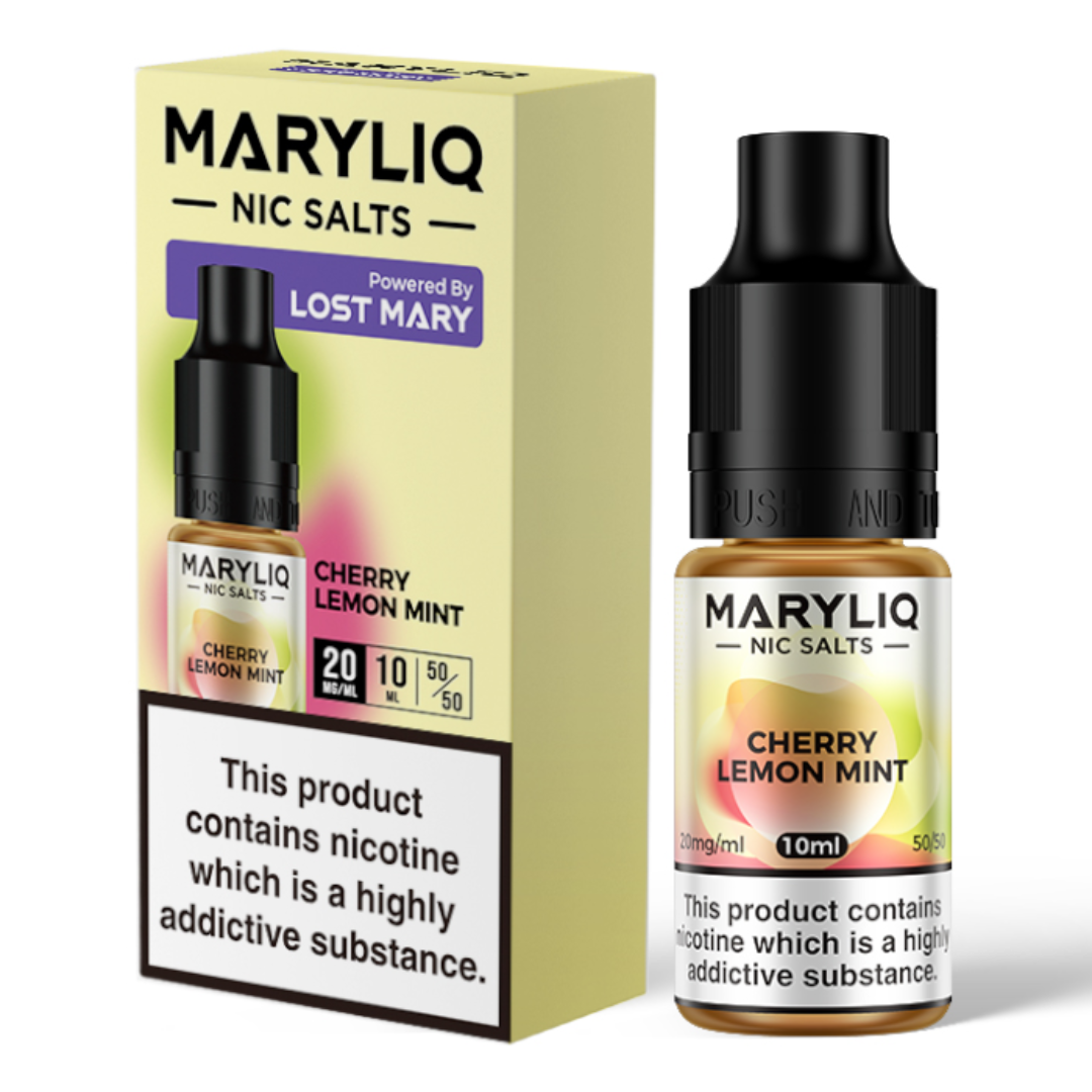 A 10ml bottle of MaryLiq E-Liquid Nic Salts Cherry Lemon Mint - A refreshing blend of cherries, lemon, and mint in a 5050 vg/pg ratio