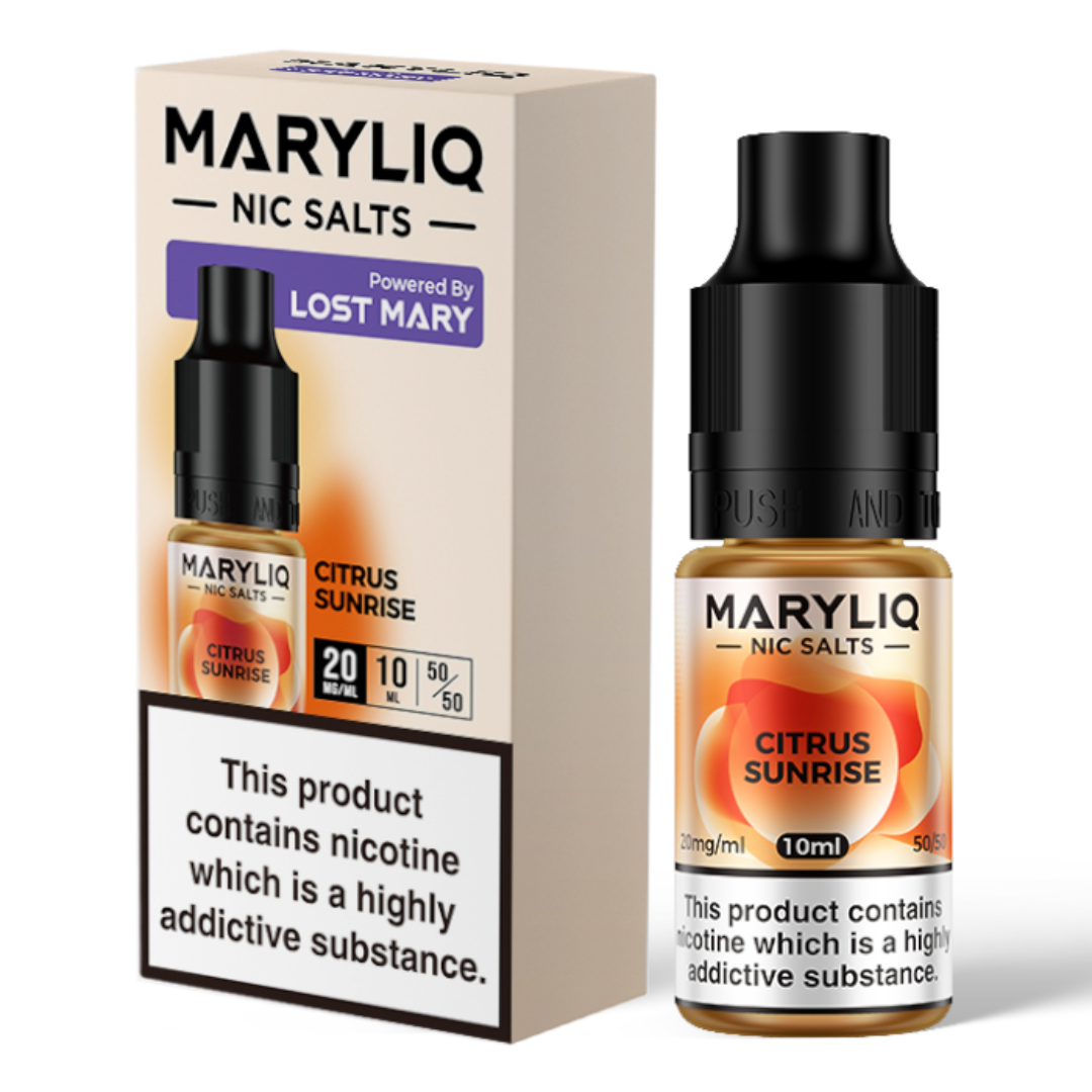 MaryLiq E-Liquid Nic Salts Citrus Sunrise - 10ml bottle in box, vibrant mix of citrus fruits, zesty flavor, 50/50 vg/pg ratio, nicotine salts