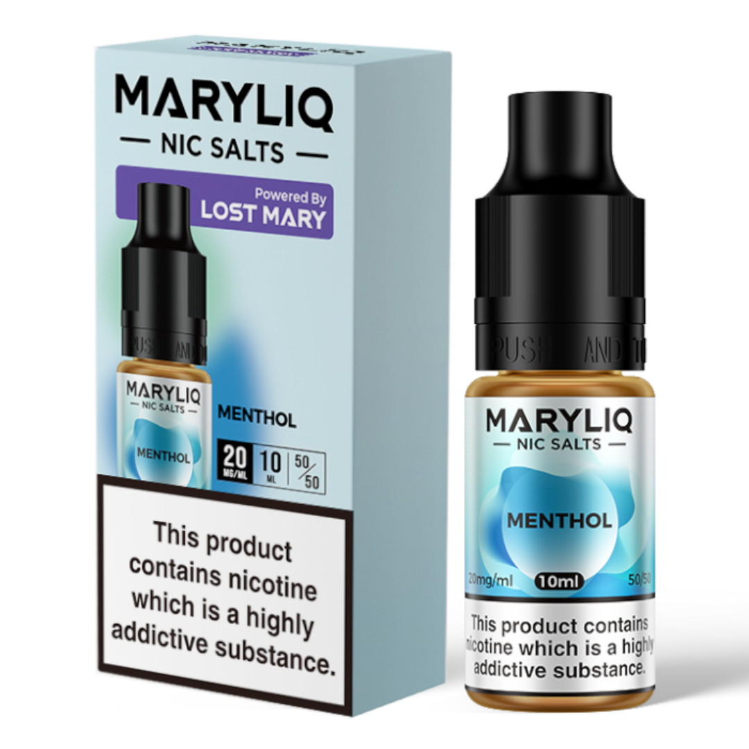 A 10ml bottle of MaryLiq E-Liquid Nic Salts Menthol - A pure and intense menthol experience, suitable for starter vape kits and mtl vape kit