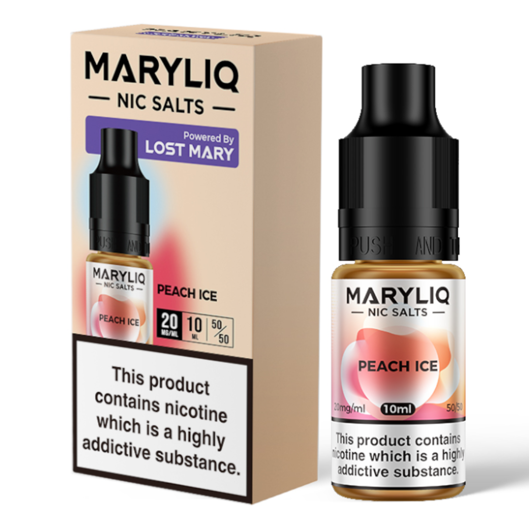 MaryLiq E-Liquid Nic Salts Peach Ice 10ml bottle - Sweet peaches with menthol chill, like frosted fruit sorbet, 5050 vg/pg ratio