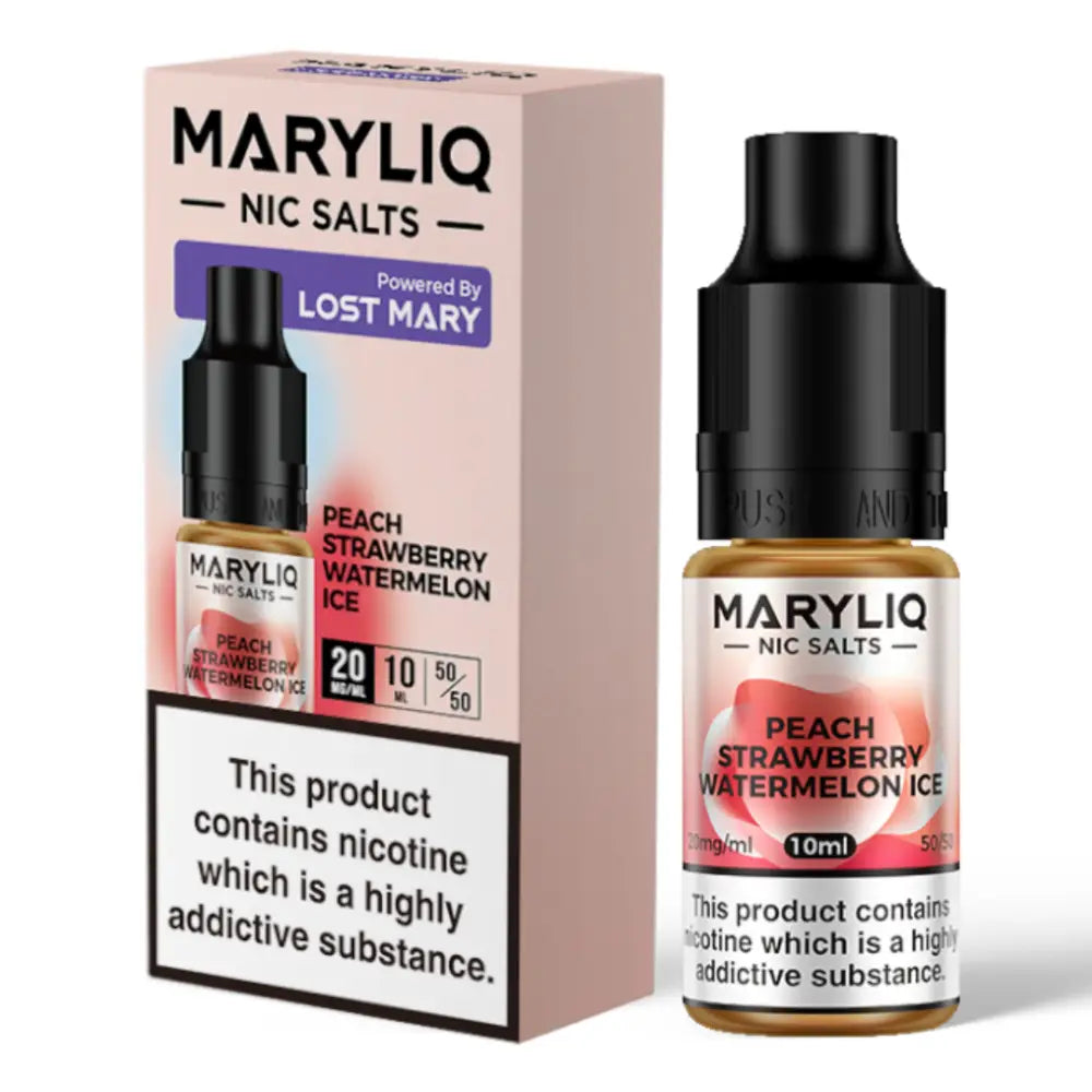 A 10ml bottle of MaryLiq E-Liquid Nic Salts Peach Strawberry Watermelon Ice - A fruity menthol blend in a 5050 vg/pg ratio for starter vape kits