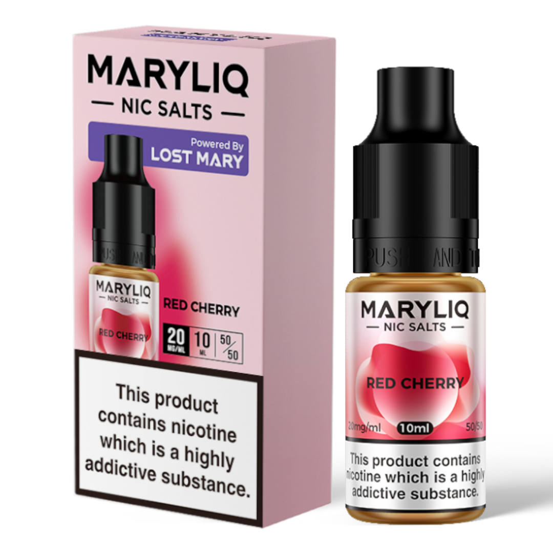 A 10ml bottle of MaryLiq E-Liquid Nic Salts Red Cherry - Sweet and bold red cherry flavour in a 5050 vg/pg ratio