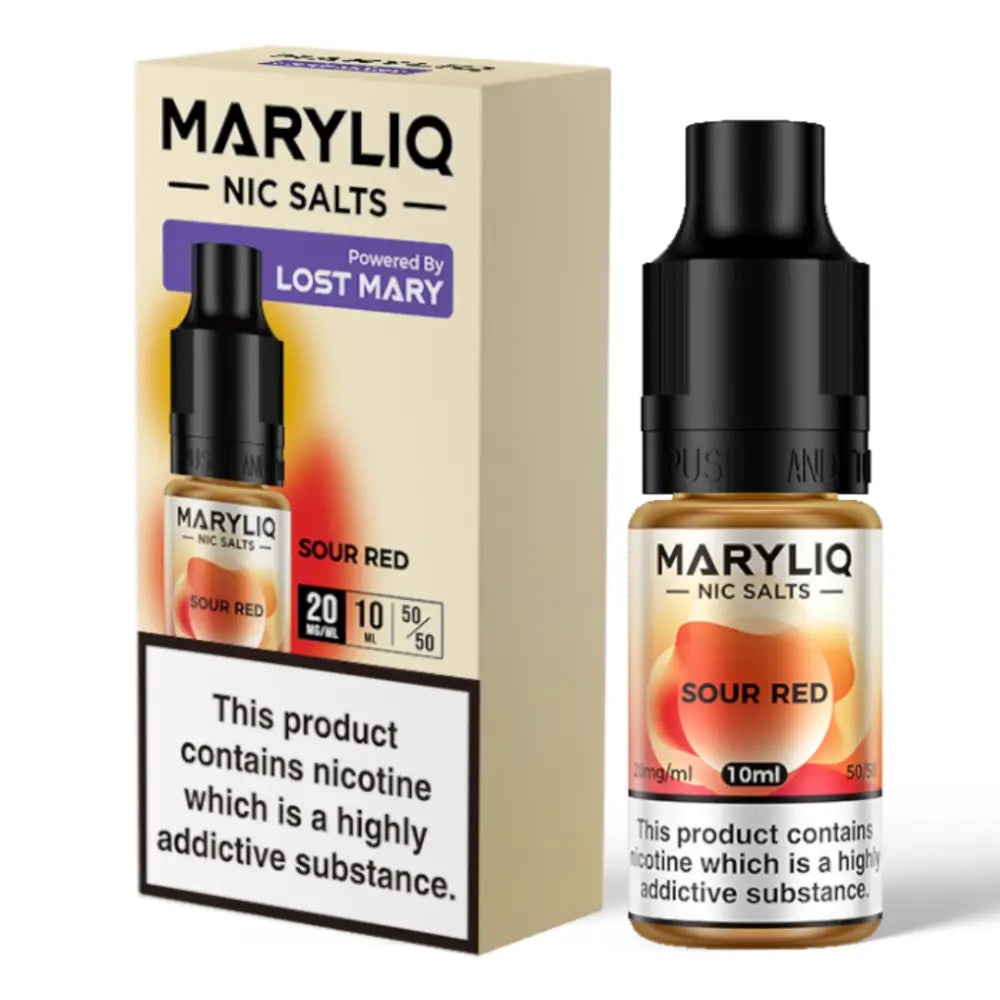 A 10ml bottle of MaryLiq E-Liquid Nic Salts Sour Red - Watermelon, strawberry, and lemon flavour with nicotine salts, 5050 vg/pg ratio