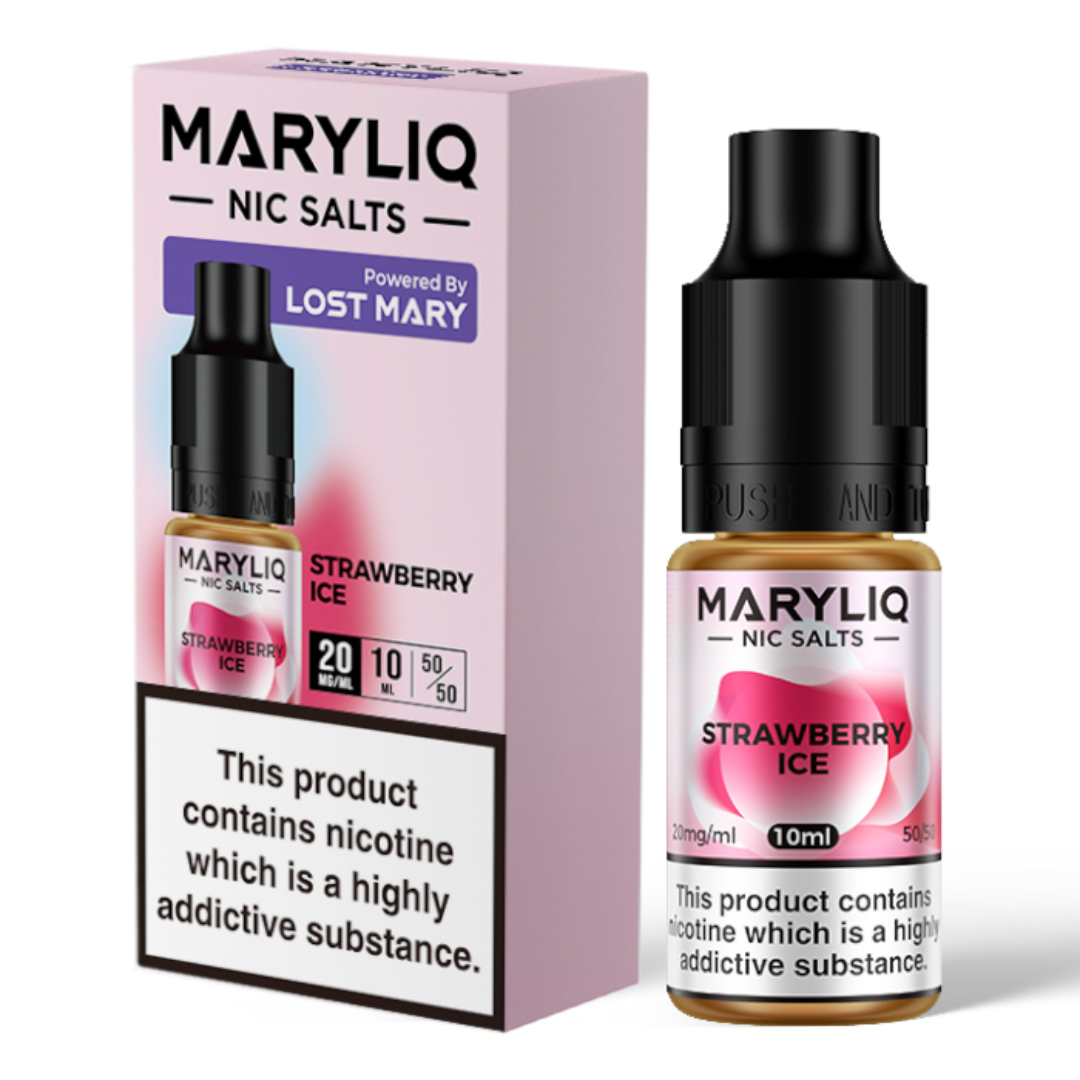 A 10ml bottle of MaryLiq E-Liquid Nic Salts Strawberry Ice - Juicy strawberry with refreshing menthol, 5050 vg/pg ratio