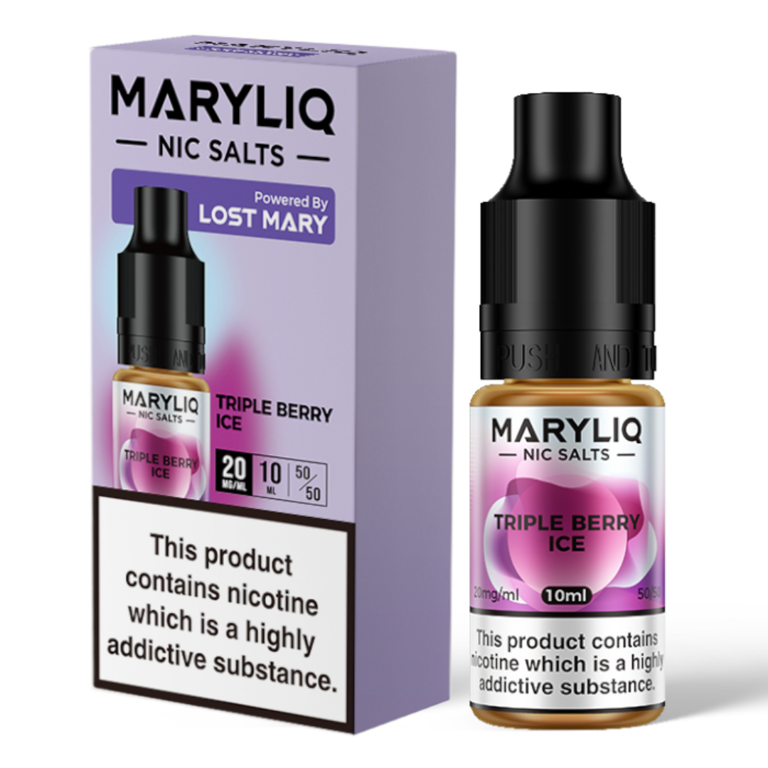 A 10ml bottle of MaryLiq E-Liquid Nic Salts Triple Berry Ice - A blend of three berries with a menthol kick, in a 5050 vg/pg ratio