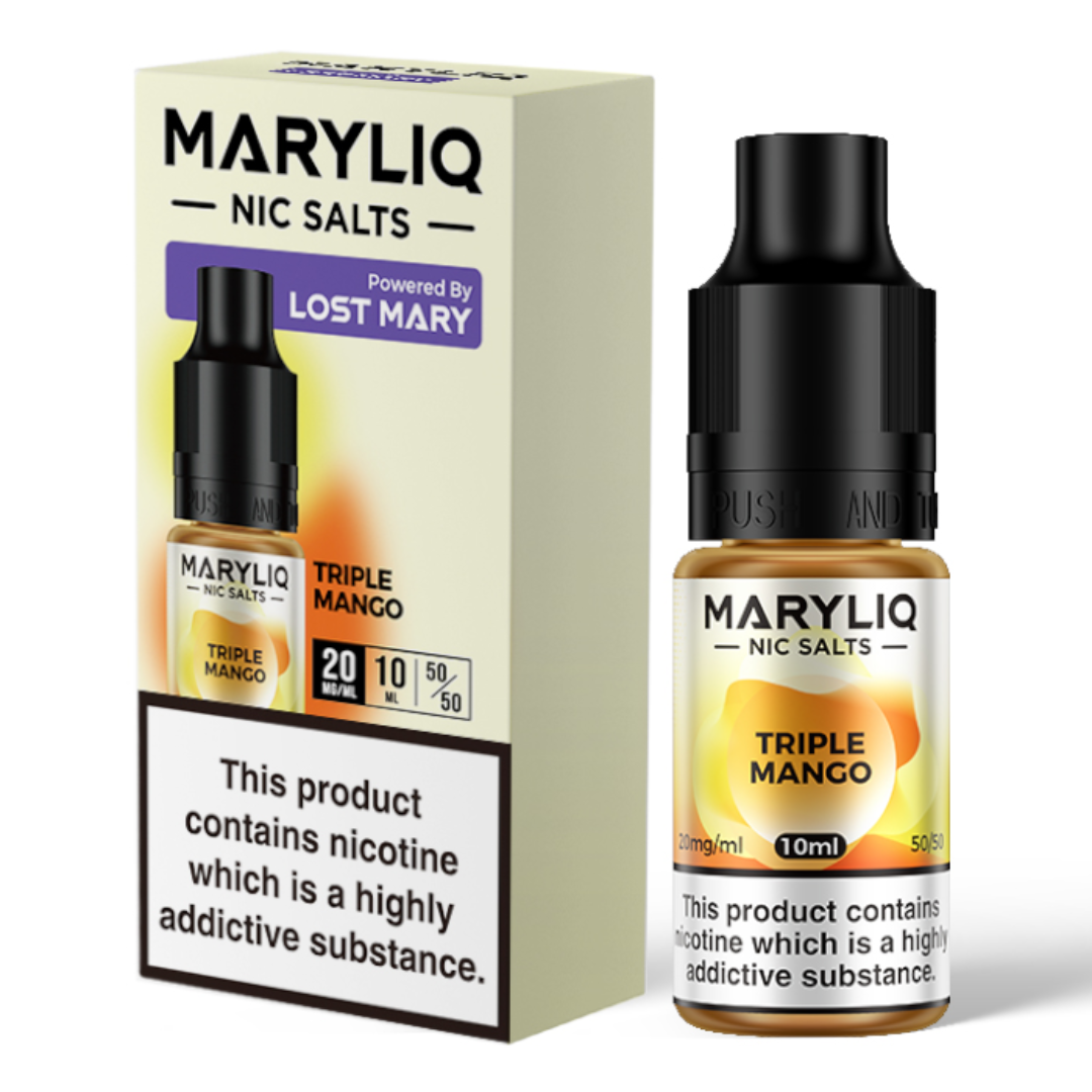 A 10ml bottle of MaryLiq E-Liquid Nic Salts Triple Mango - Intense and sweet mango flavour in a tropical delight, suitable for starter vape kits