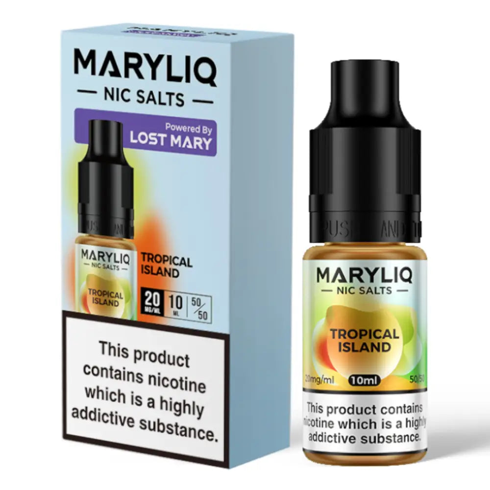 MaryLiq E-Liquid Nic Salts Tropical Island - 10ml bottle with pineapple, lemon, mango, peach, melon, coconut, and cherry flavours in a 5050 vg/pg ratio