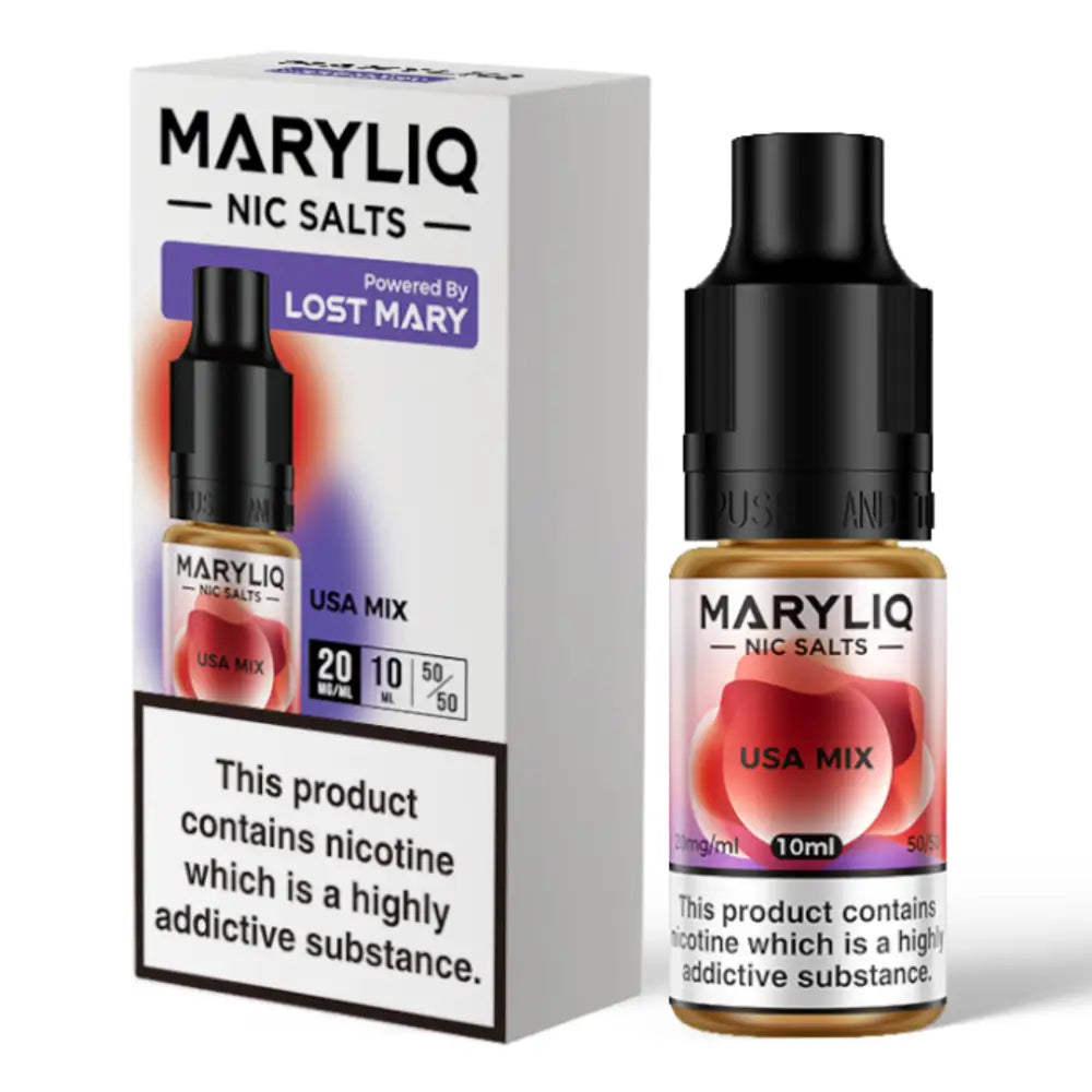 A 10ml bottle of MaryLiq E-Liquid Nic Salts USA Mix - A robust tobacco flavour for an authentic smoking experience in vape form