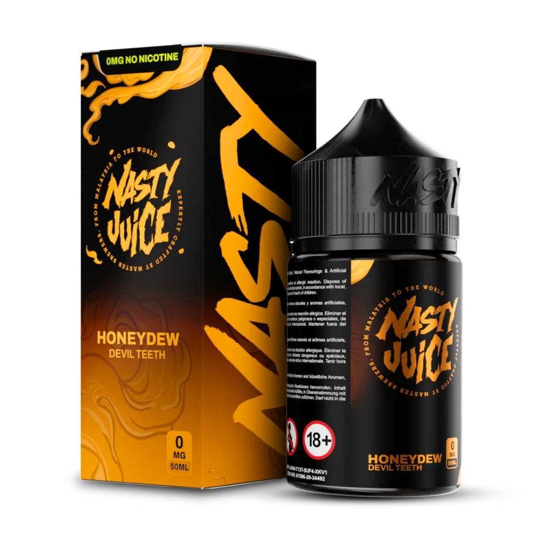 A bottle of Nasty Juice Devil Teeth honeydew melon 50ml Shortfill E-Liquid next to a box.