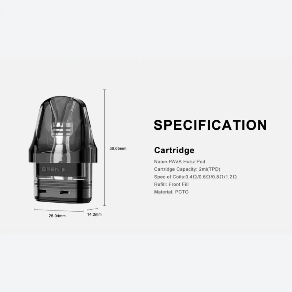 Specifications of PAVA Horiz Refillable Vape Pod cartridge.