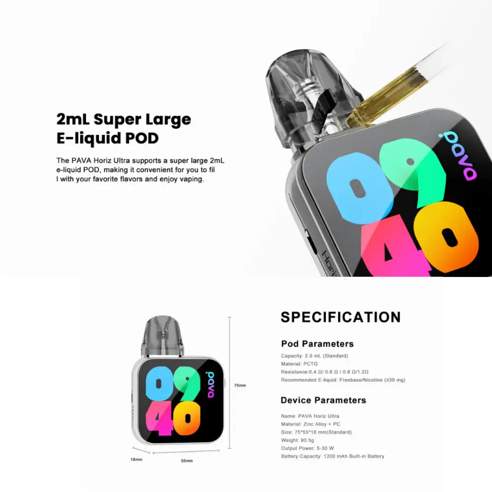 PAVA Horiz Ultra Vape Kit with a 2ml super large e-liquid pod and specification.