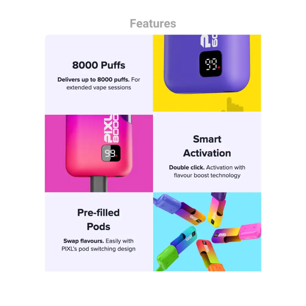Pixl 8000 Prefilled Vape Kit Features.