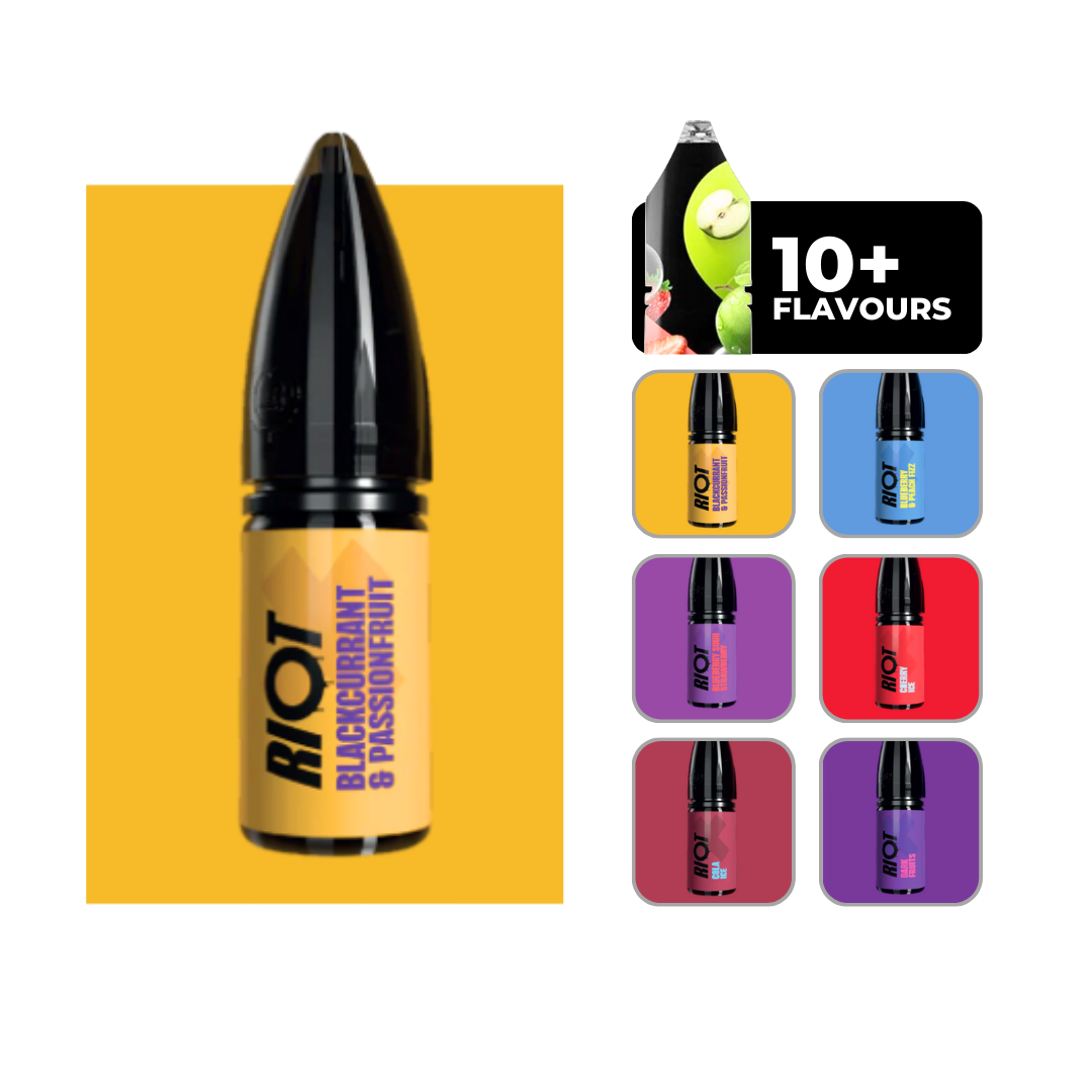 Riot X Nic Salts E-liquid in Blackcurrant & Passionfruit. 50/50 vape juice in 10ml bottles.