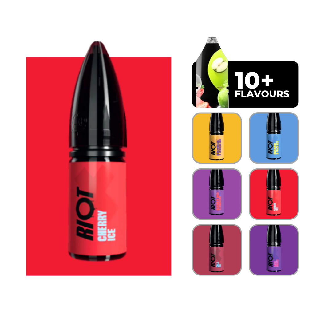 Riot X Nic Salts E-liquid in Cherry Ice. 50/50 vape juice in 10ml bottles.