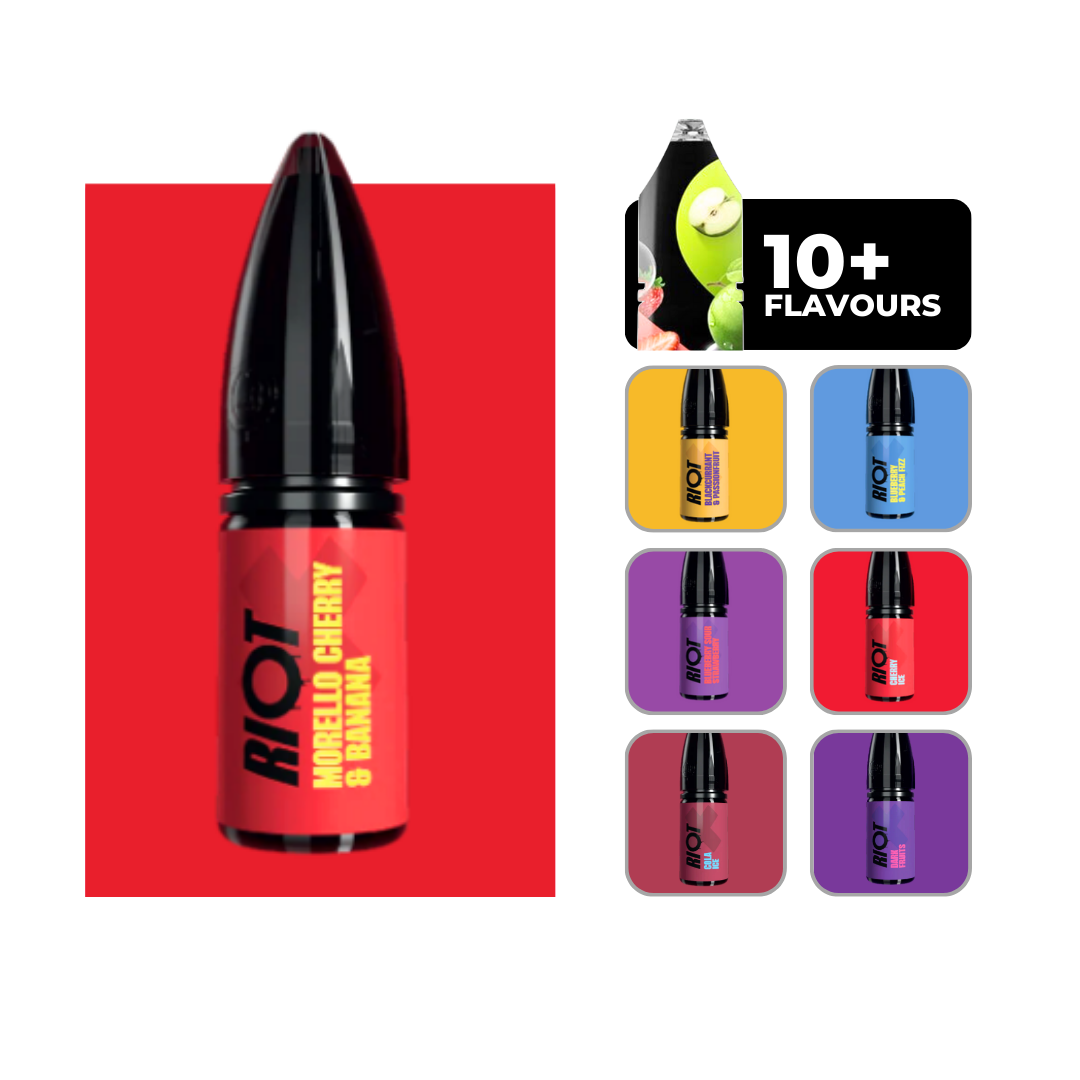 Riot X Nic Salts E-liquid in Morello Cherry & Banana. 50/50 vape juice in 10ml bottles.