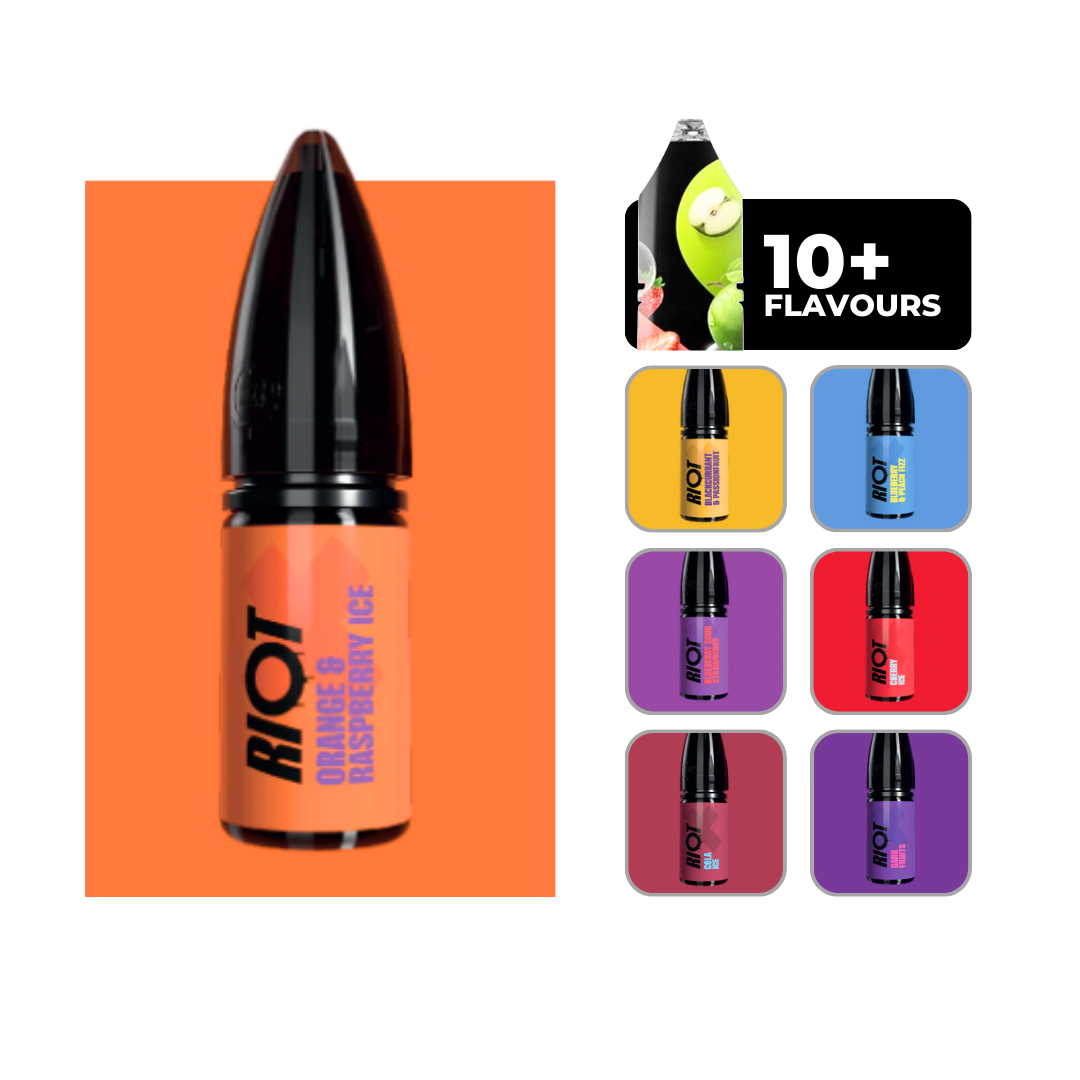 Riot X Nic Salts E-liquid in Orange & Raspberry Ice. 50/50 vape juice in 10ml bottles.