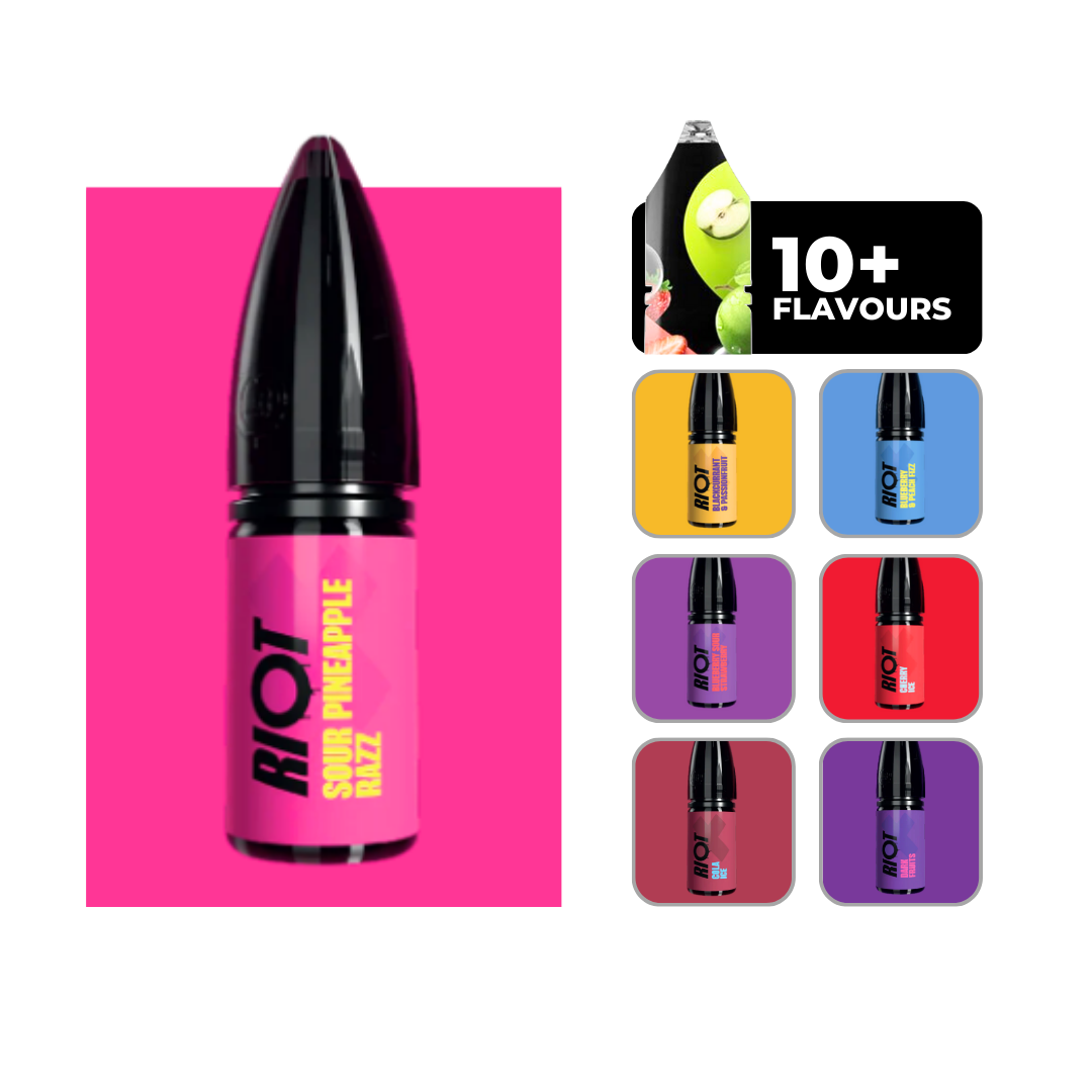 Riot X Nic Salts E-liquid in Sour Pineapple Razz. 50/50 vape juice in 10ml bottles.