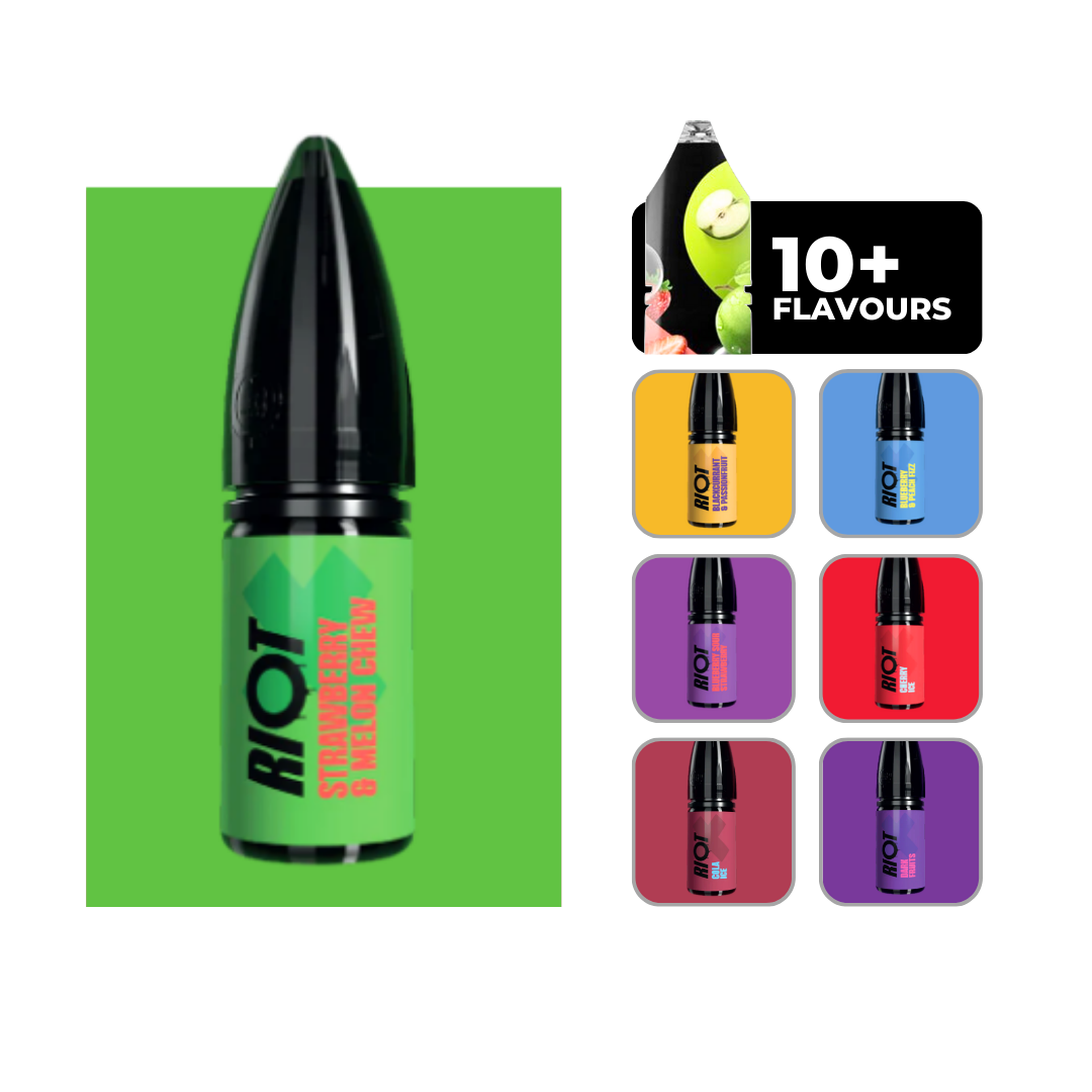 Riot X Nic Salts E-liquid in Strawberry & Melon Chew. 50/50 vape juice in 10ml bottles.