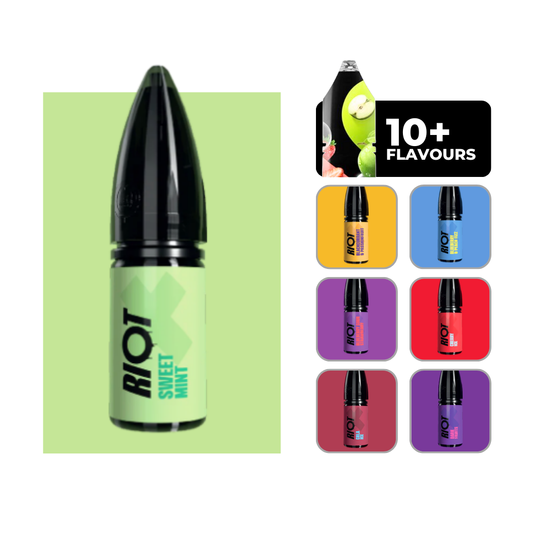 Riot X Nic Salts E-liquid in Sweet Mint. 50/50 vape juice in 10ml bottles.