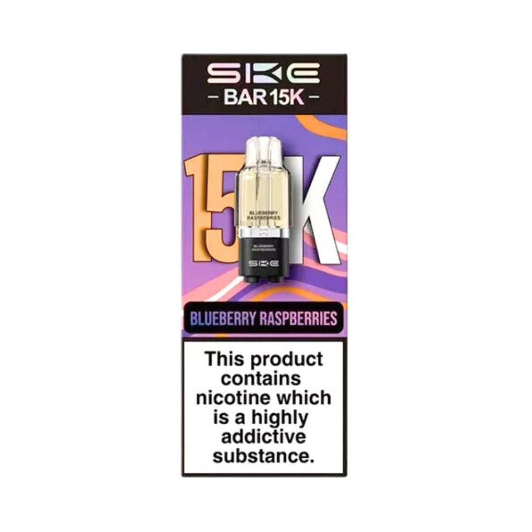 SKE Bar 15K vape device packaging with blueberry raspberries flavor on a white background