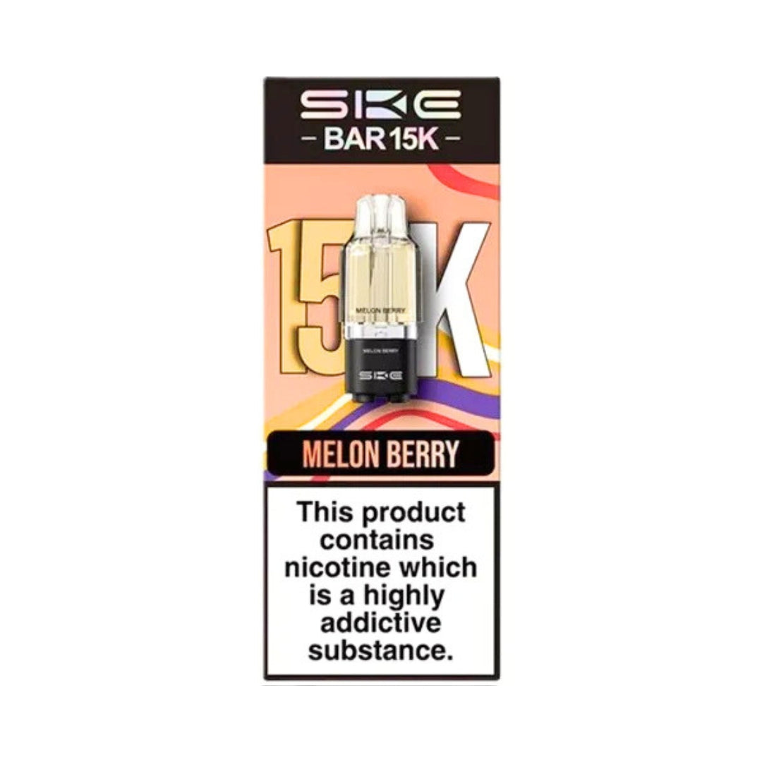 SKE BAR 15K vape device packaging with 'Melon Berry' flavour on a white background