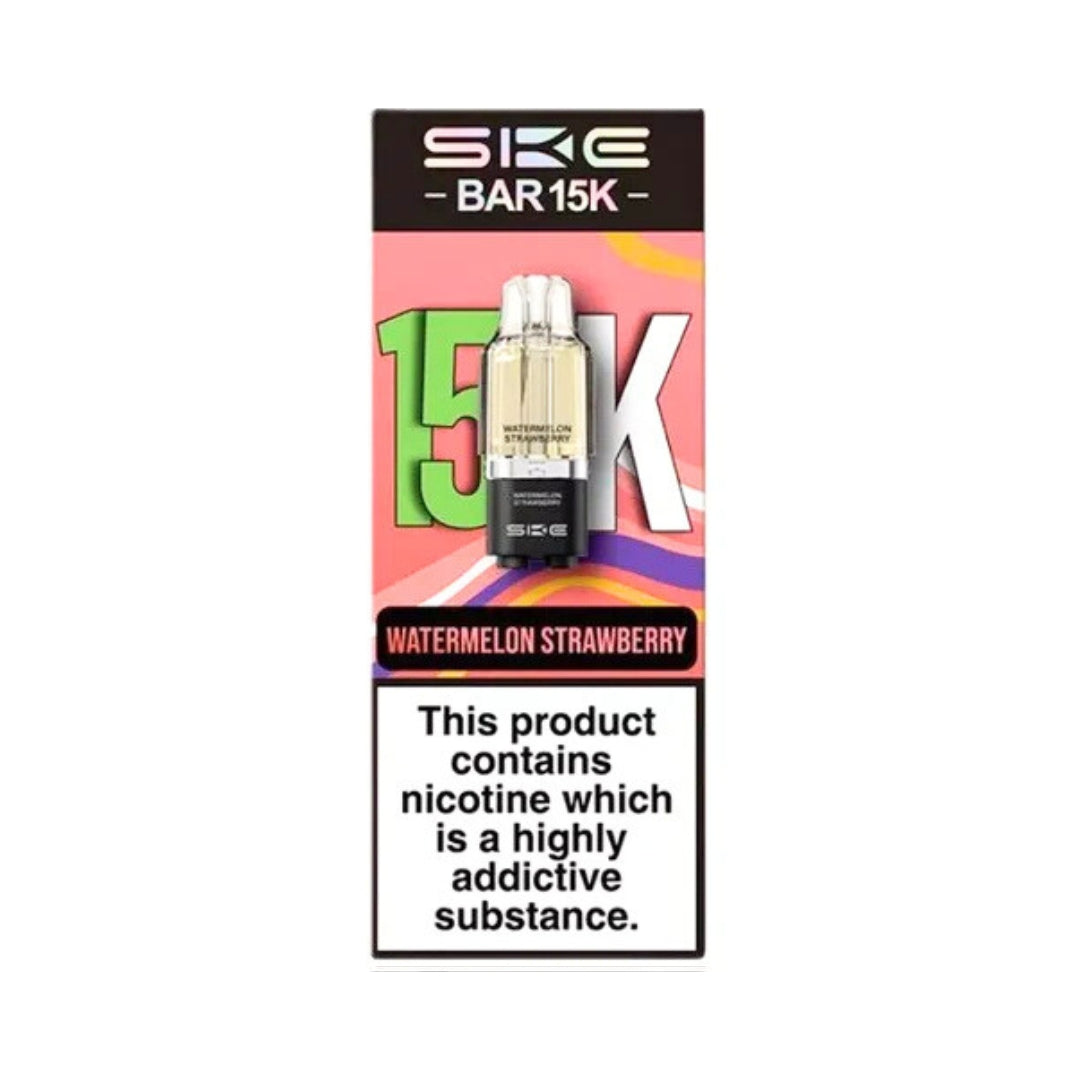 SKE BAR15K vape device packaging with colorful design and nicotine warning text on a white background