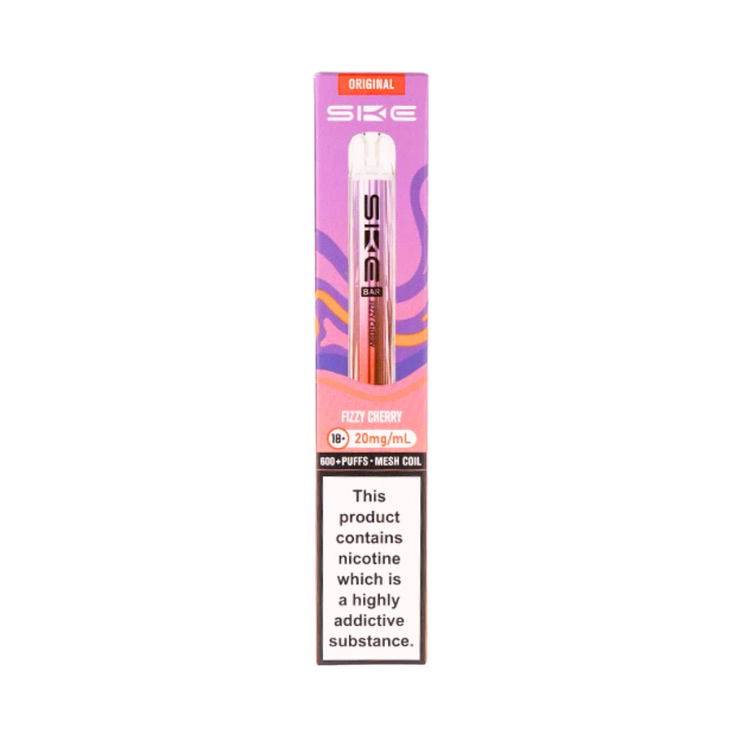 SKE Crystal Original 600 Fizzy Cherry 20mg prefilled pod kit with rechargeable device base and pod