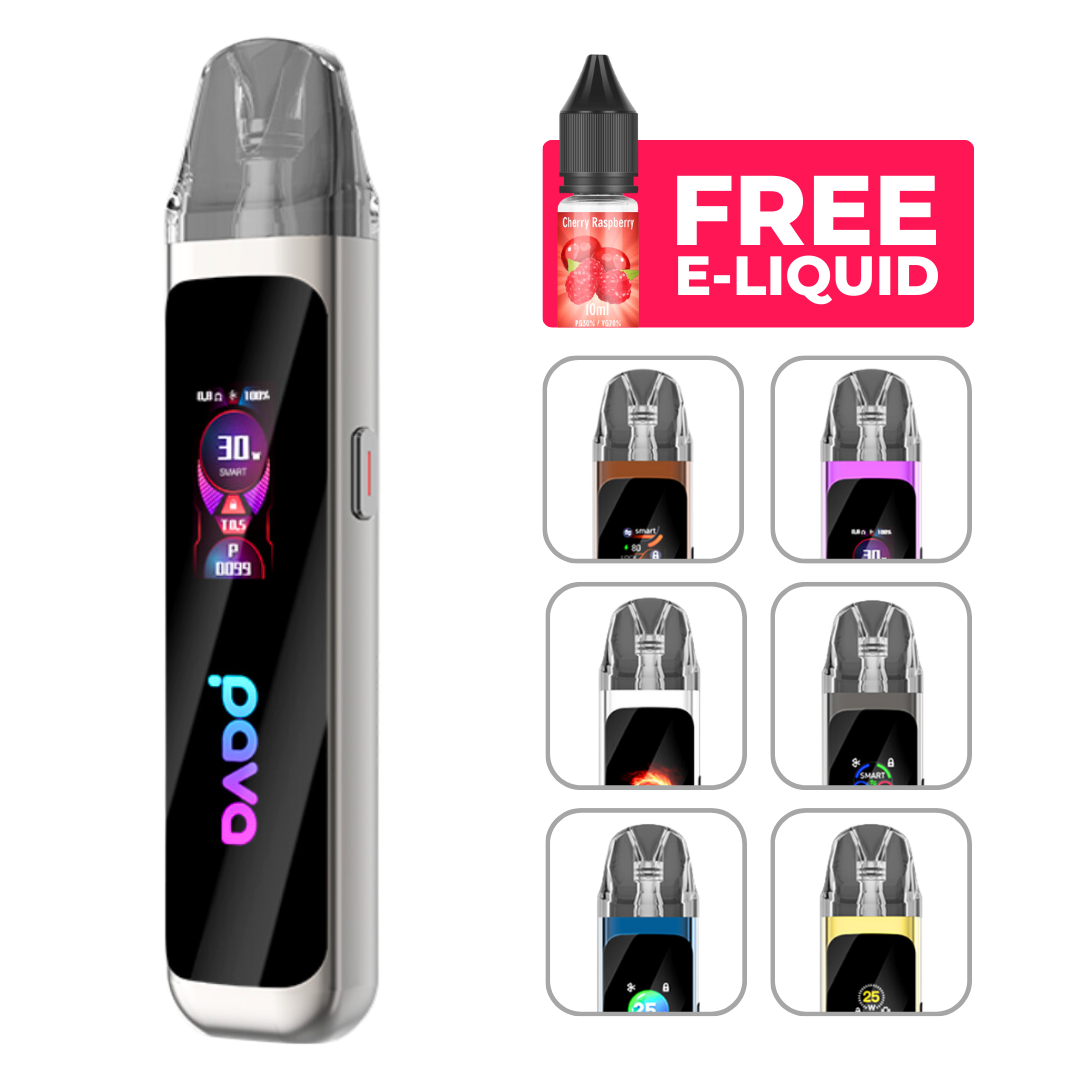 The PAVA Horiz Pro Vape Kit features a digital screen, various modes, and comes in eight vibrant colours. Enjoy one free e-liquid flavour for a customisable vape.