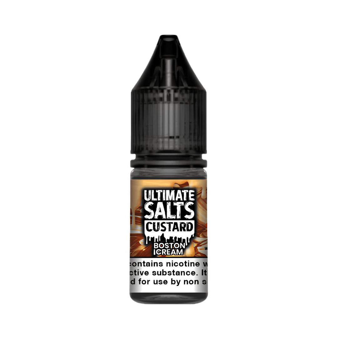 Ultimate Salts Custard Boston Cream ten milliliter nicotine salt e-liquid bottle showing ten milligram strength