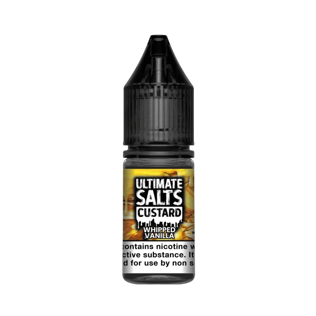 Ultimate Salts Custard Whipped Vanilla ten milliliter nicotine salt e-liquid bottle showing ten milligram strength