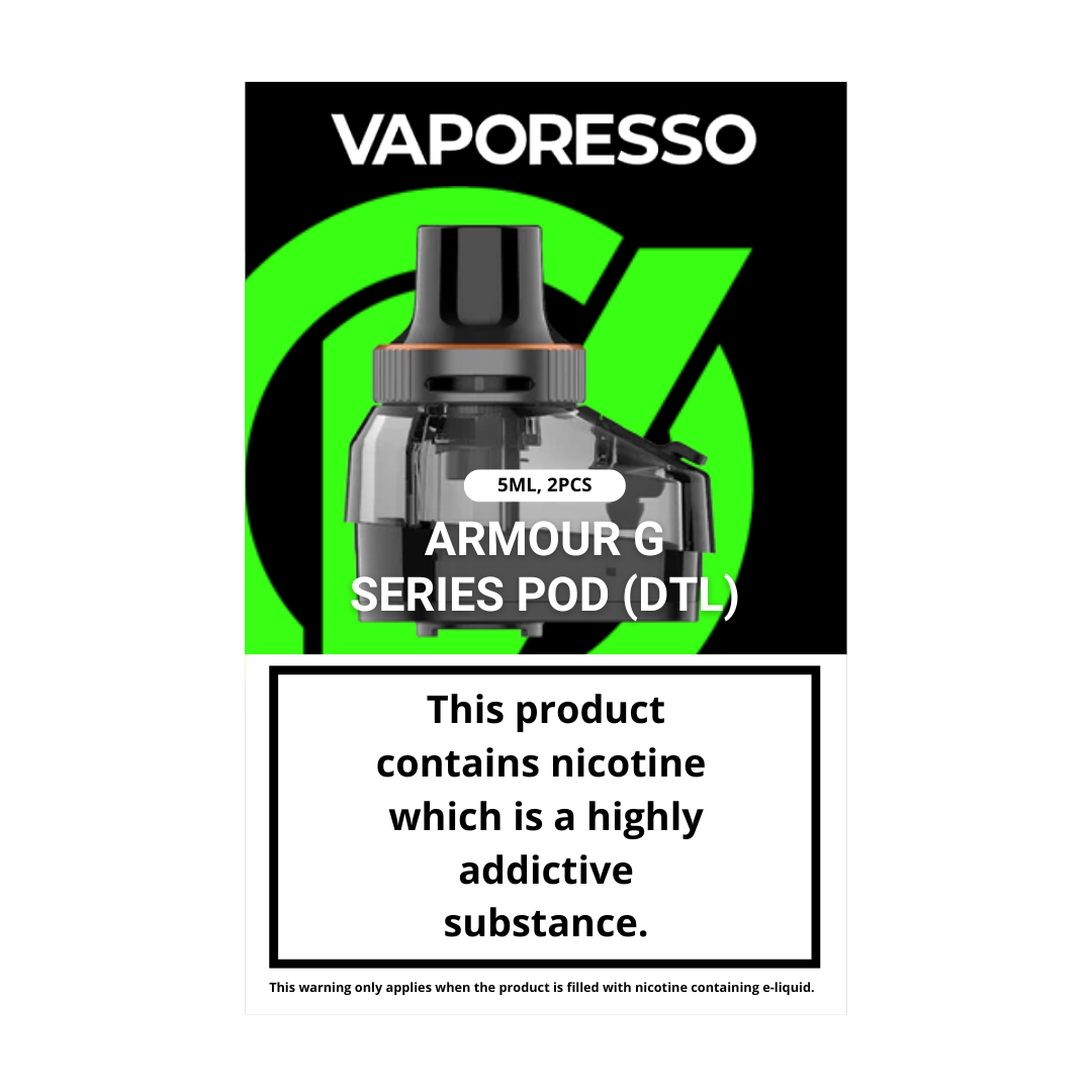 Vaporesso Armour G 5ml Pods: 2-pack, DTL pods for 0.15Ω/0.2Ω/0.3Ω GTX coils, 5ml capacity, adjustable airflow. Perfect for Armour G/GS Pod Kits.