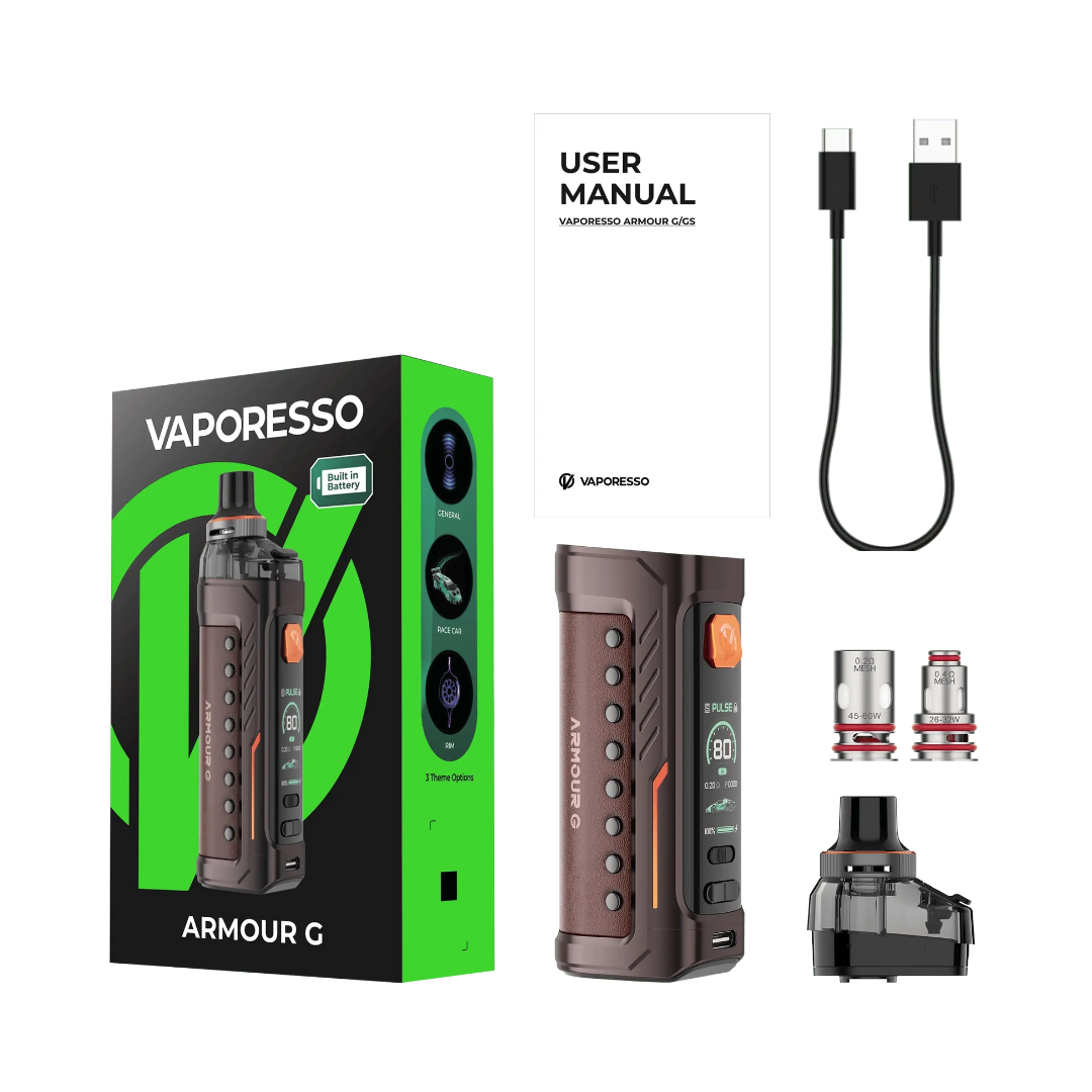 Vaporesso Armour G Pod Kit: DTL vaping, 5-80W, 3000mAh battery. Durable, leak-proof design with GTX coil compatibility Box Contents.