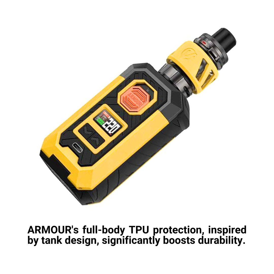 Armour Max Vape Kit: Vaporesso's tough 220W sub-ohm device. Built with TPU protection, inspired by tank design, significantly boosts durability.