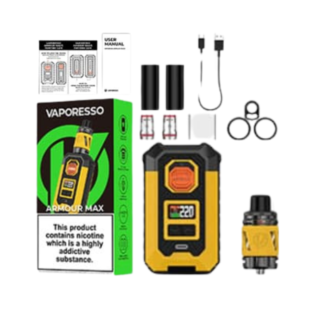 Vaporesso Armour Max Kit 220W sub-ohm vape box content.