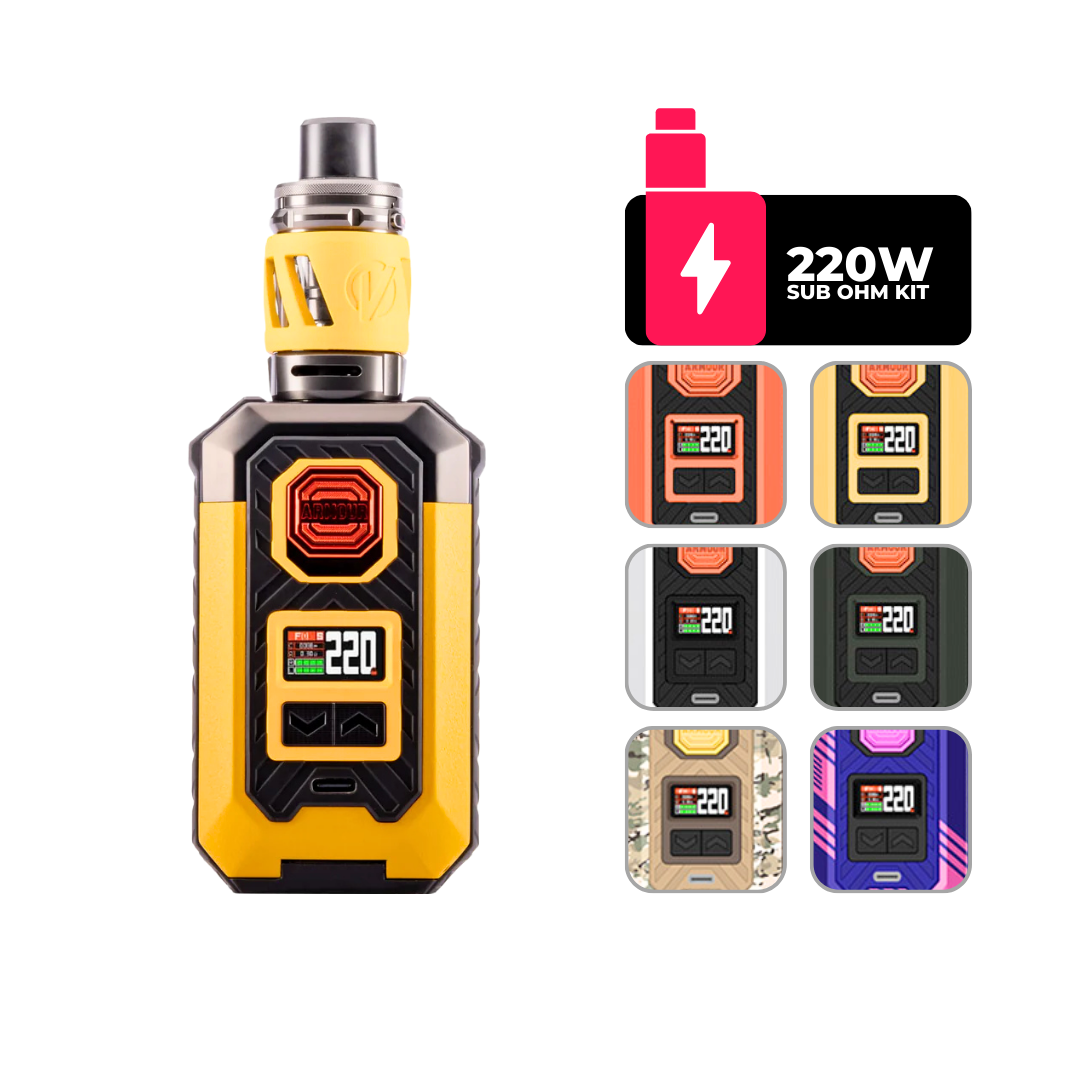 Armour Max Vape Kit: Vaporesso's tough 220W sub-ohm device. 21700/18650 battery compatible. GTi coils, multiple colors.
