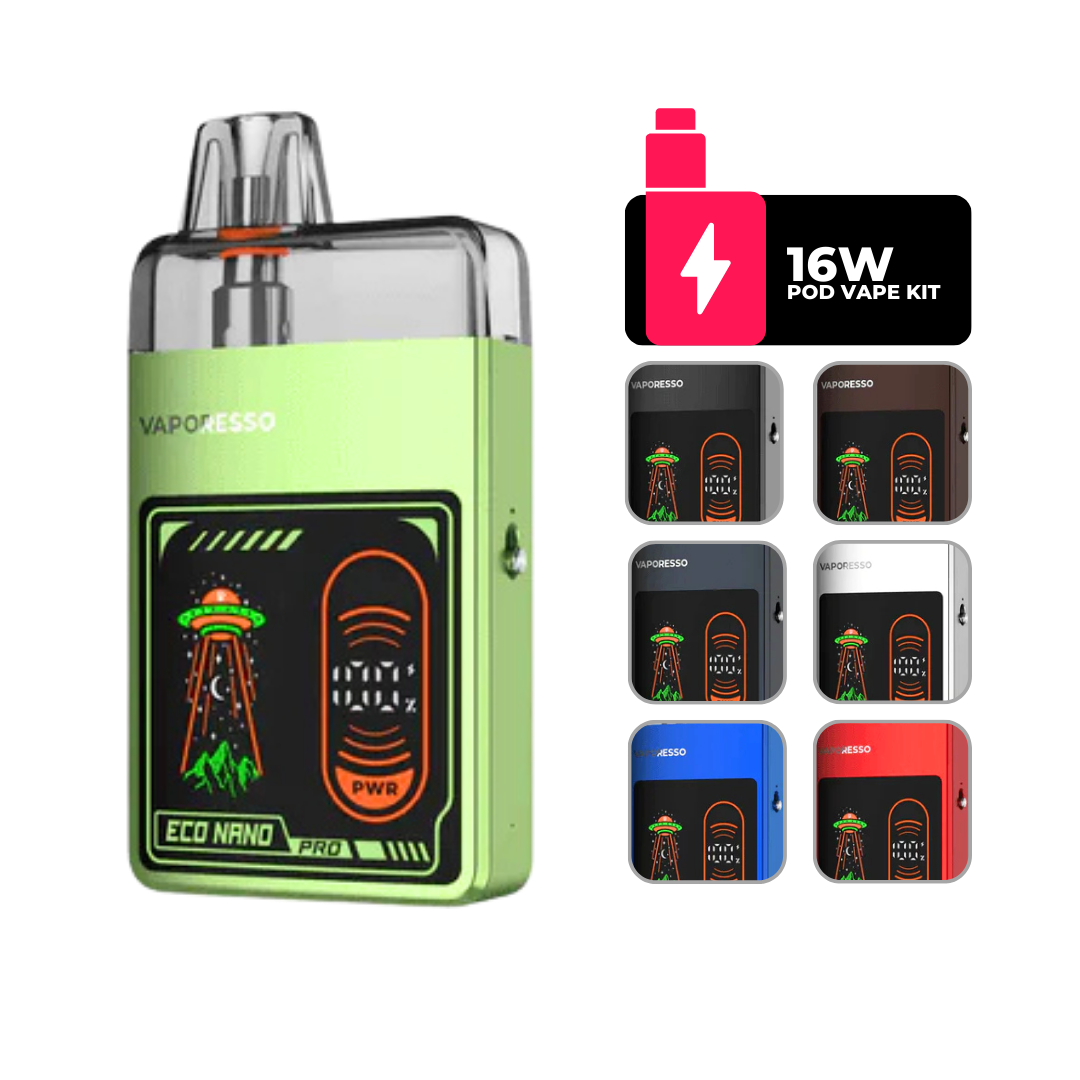 Vaporesso Eco Nano Pro Kit in Green Colour: 1000mAh, AXON chipset, MTL/RDL vaping. Compatible with Eco Nano Pods (0.6Ω, 0.8Ω, 1.2Ω). Compact, durable, fast-charging.