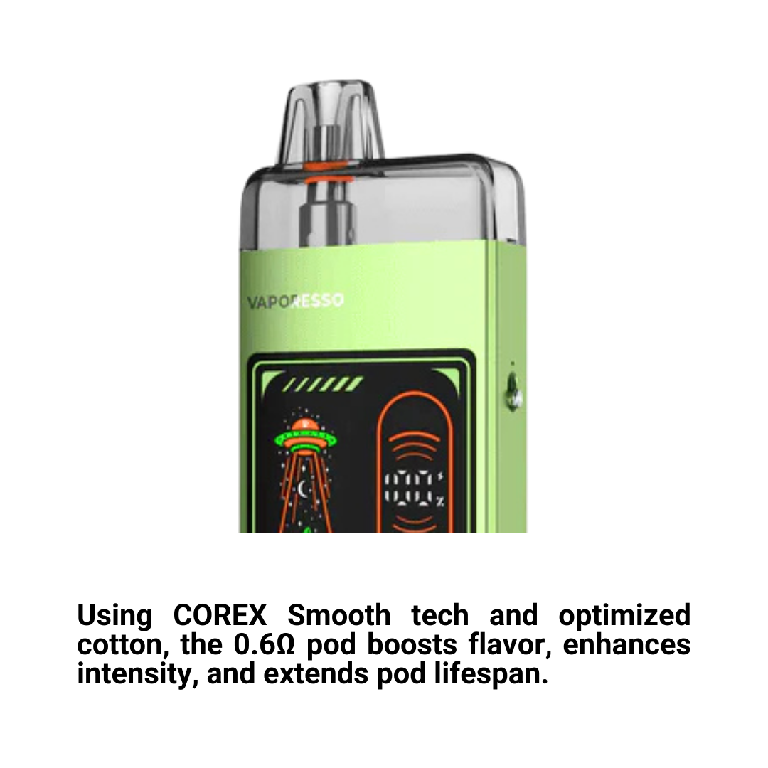 Vaporesso Eco Nano Pro Kit in Green Colour: using COREX Smooth tech and optimized cotton, the 0.6Ω pod boosts flavor, enhances intensity, and extends pod lifespan.
