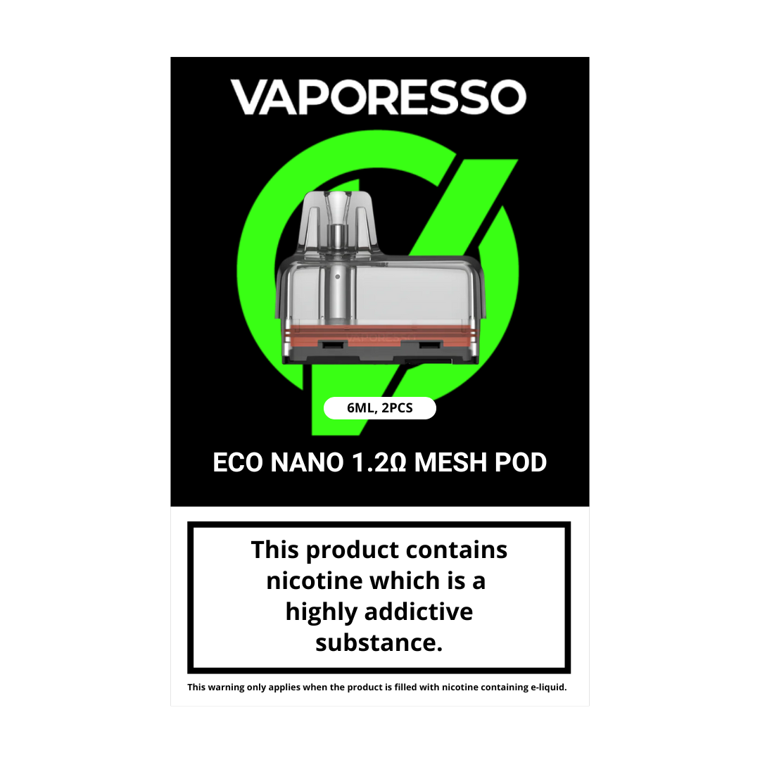 Vaporesso Eco Nano Refillable Pods: 2-pack, 1.2Ω, MTL/RDL vaping. Built-in Corex mesh coil for enhanced flavor. Compatible with Eco Nano Kit.
