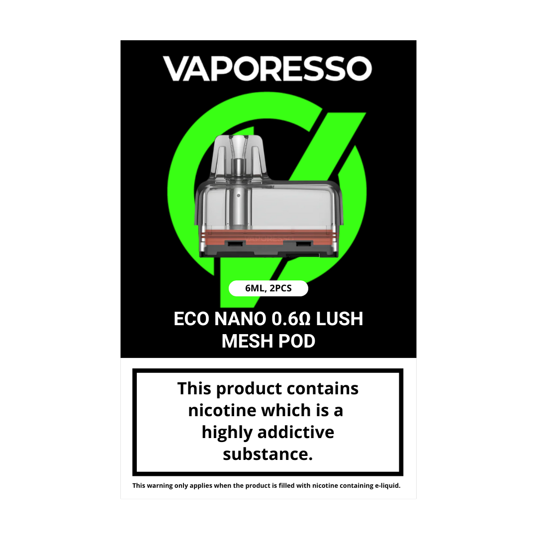 Vaporesso Eco Nano Refillable Pods: 2-pack, 0.6Ω, MTL/RDL vaping. Built-in Corex mesh coil for enhanced flavor. Compatible with Eco Nano Kit.
