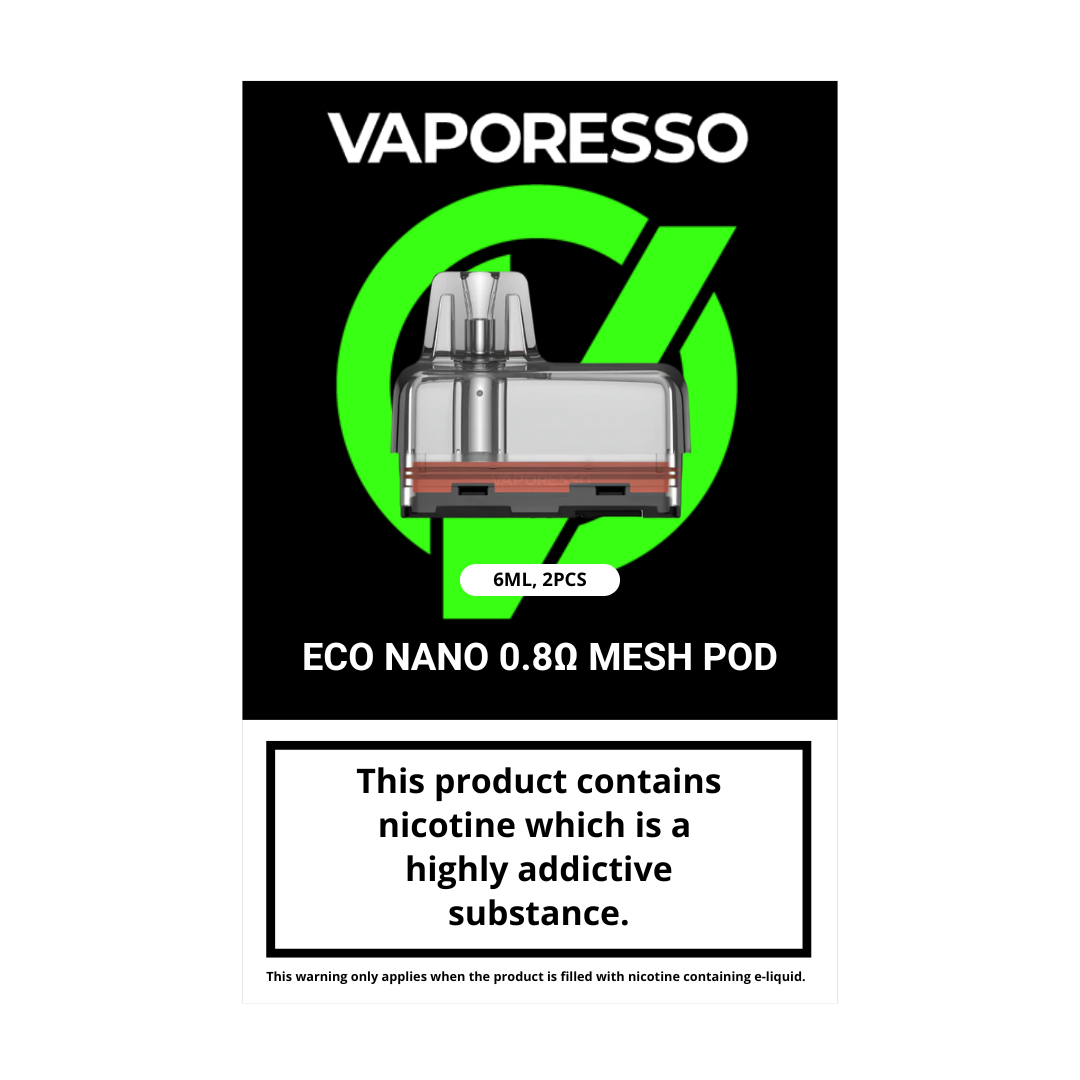 Vaporesso Eco Nano Refillable Pods: 2-pack, 0.8Ω, MTL/RDL vaping. Built-in Corex mesh coil for enhanced flavor. Compatible with Eco Nano Kit.
