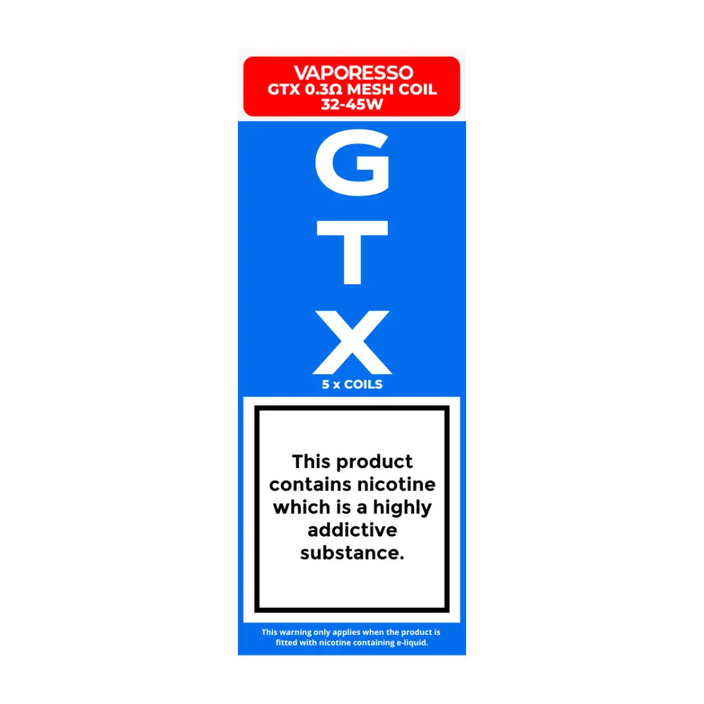 Vaporesso GTX Coils: 5-pack, 0.3ohm Mesh Coil 32-45W (Best: 40W), DTL vaping. Works with 50/50 e-liquids, nic salts, shortfills. Compatible with Vaporesso XR Max Kit & GTX Tank.