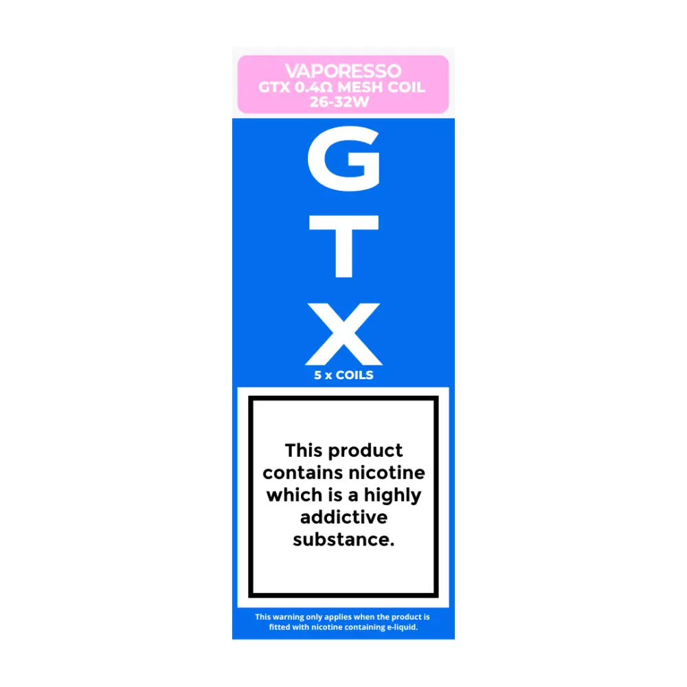 Vaporesso GTX Coils: 5-pack, 0.4ohm Mesh Coil 26-32W (Best: 30W), DTL vaping. Works with 50/50 e-liquids, nic salts, shortfills. Compatible with Vaporesso XR Max Kit & GTX Tank.