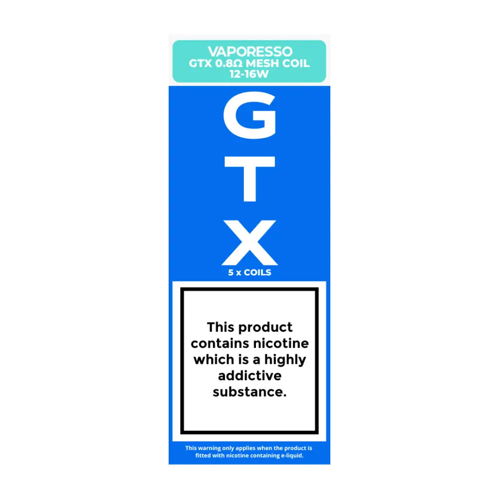 Vaporesso GTX Coils: 5-pack, 0.8ohm Mesh Coil 12-16W (Best: 16W), MTL vaping. Works with 50/50 e-liquids, nic salts, shortfills. Compatible with Vaporesso XR Max Kit & GTX Tank.